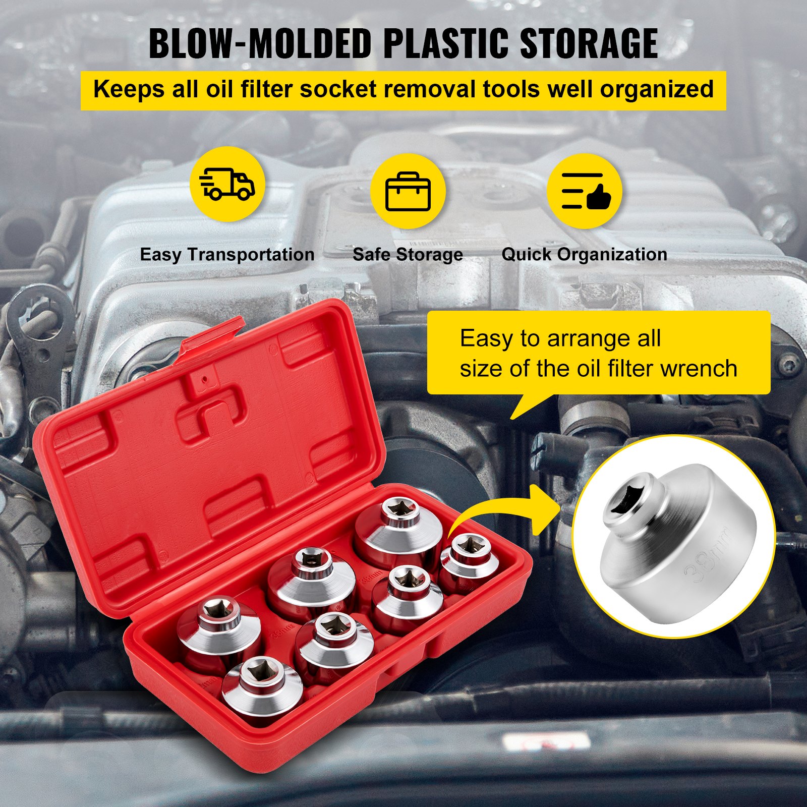 Juego de vasos para filtro de aceite VEVOR en estuche rojo para un fácil transporte y almacenamiento seguro.