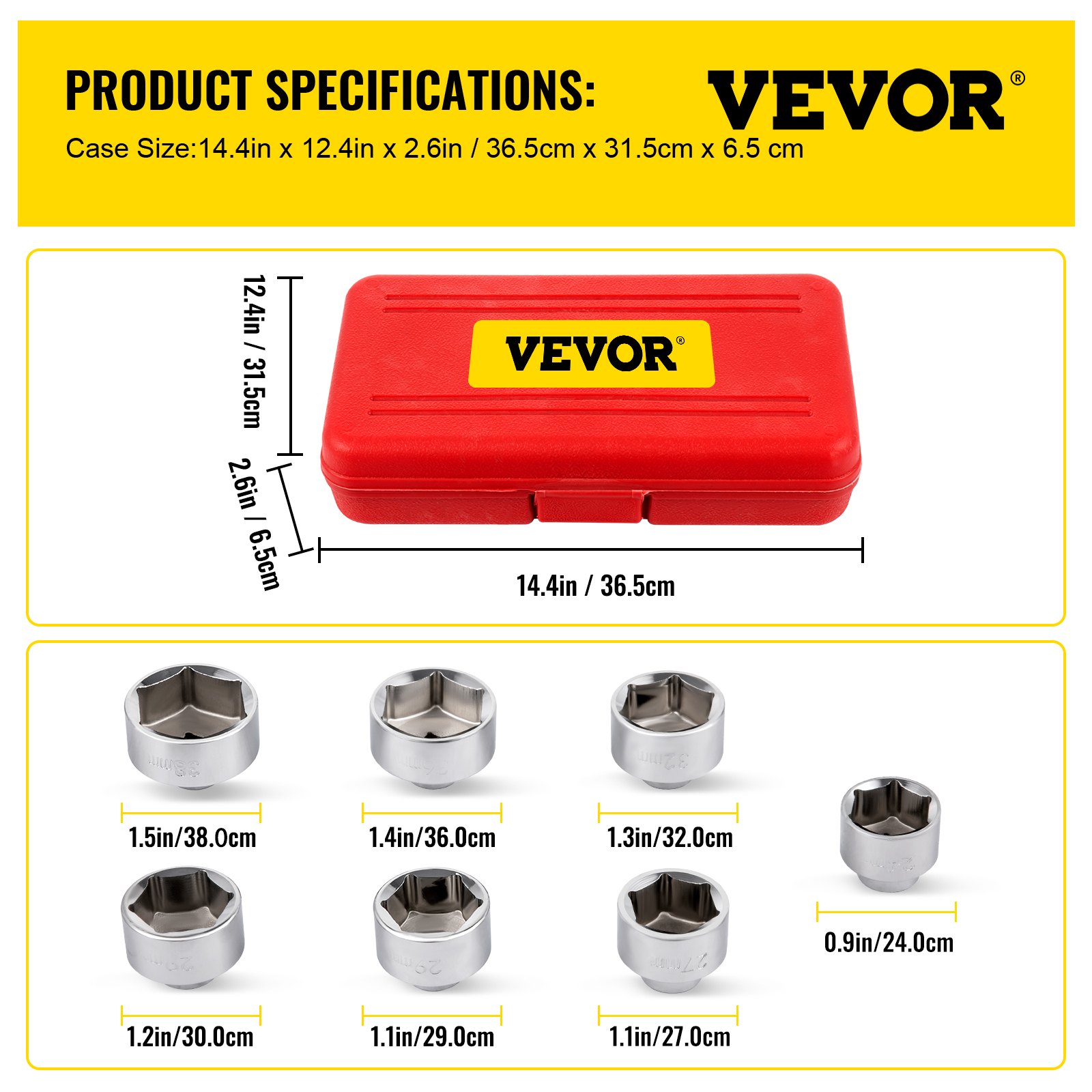 Juego de vasos para filtro de aceite VEVOR en estuche rojo con siete tamaños de vasos detallados.