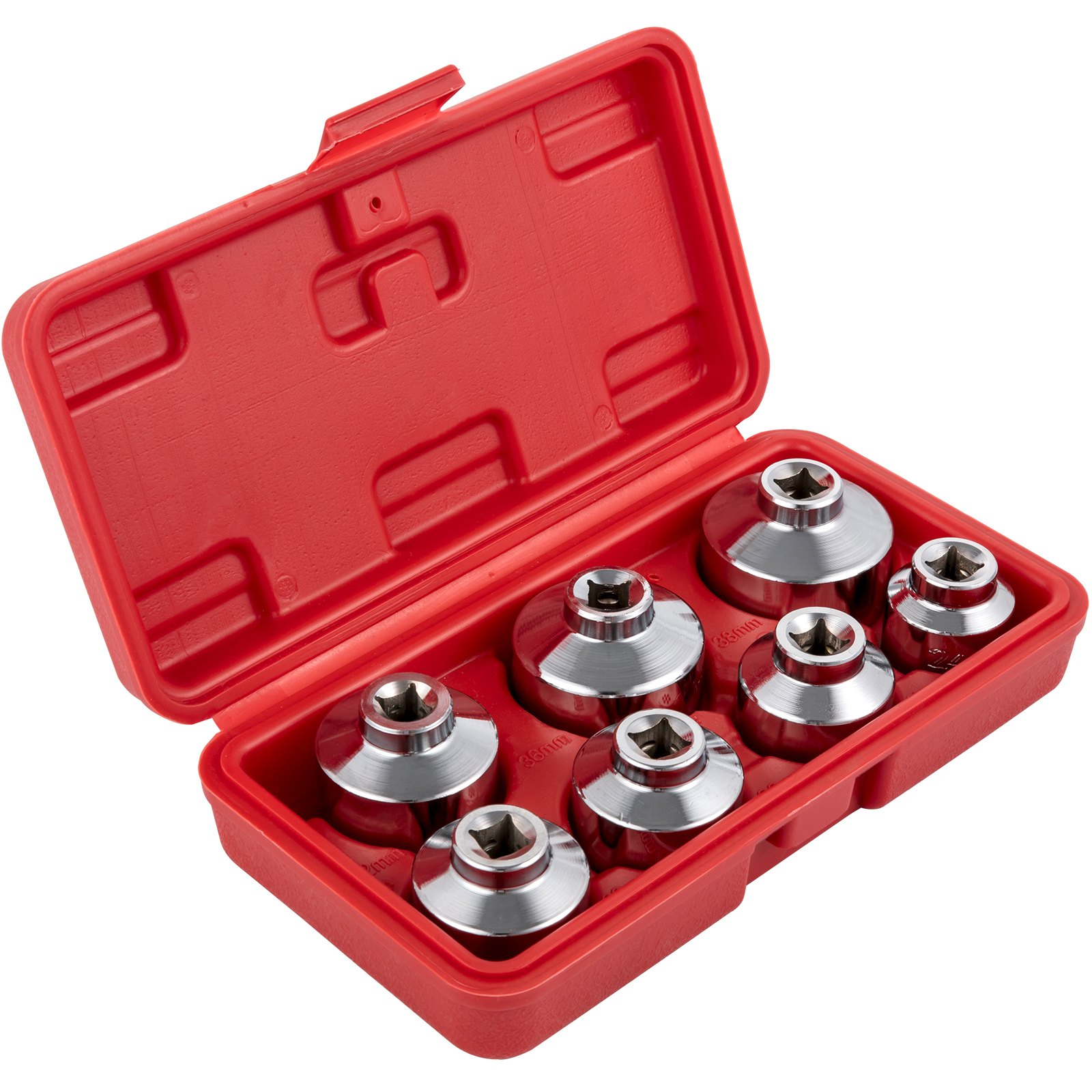 Juego de vasos para filtro de aceite VEVOR en un estuche de transporte rojo con ocho vasos cromados.