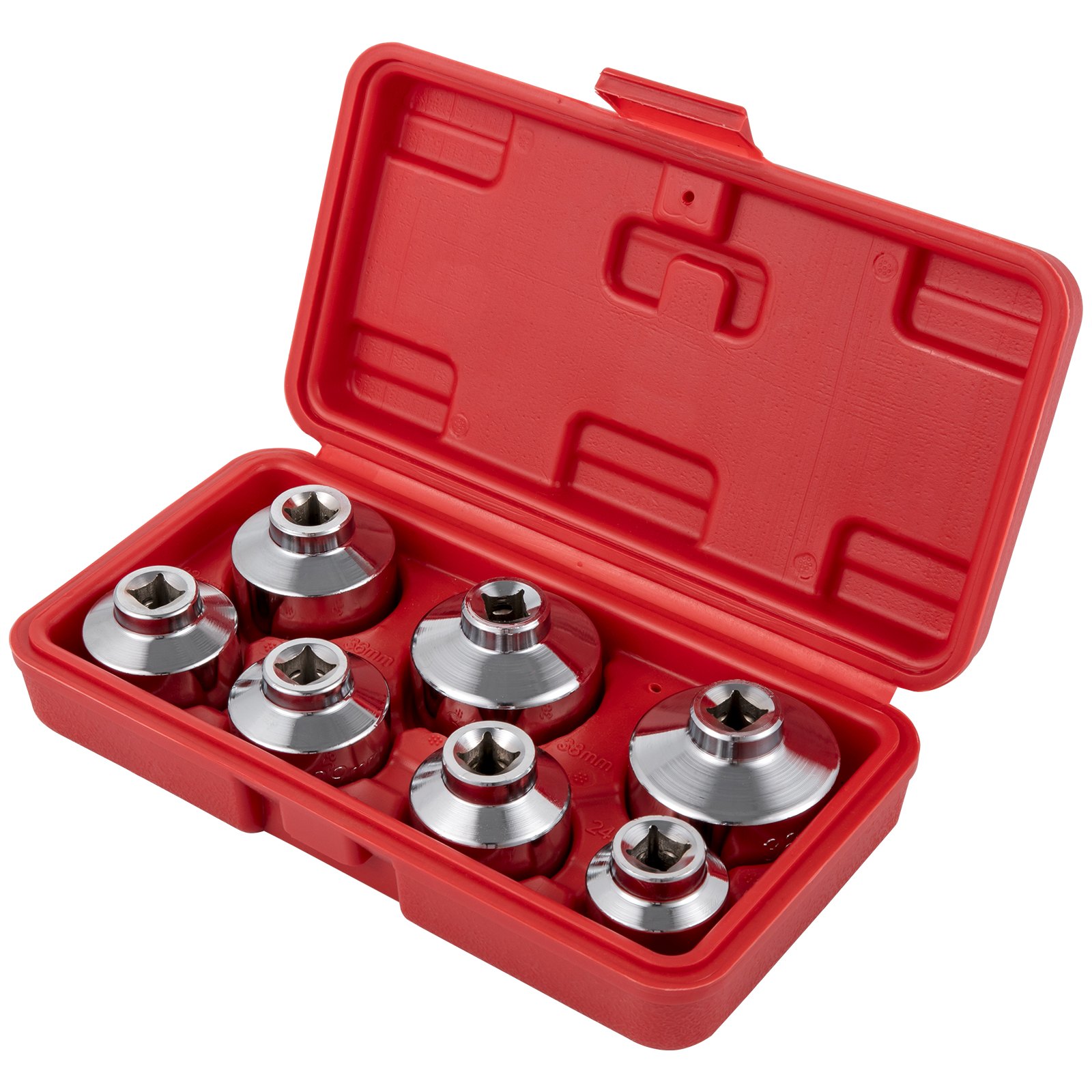 Estuche rojo con juego de vasos para filtro de aceite VEVOR cromado, organizado en compartimentos.