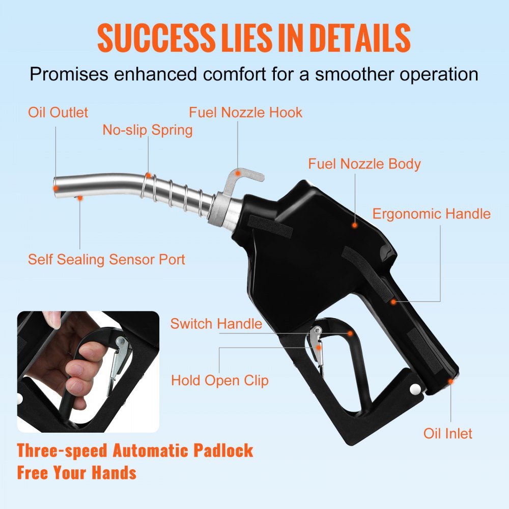 Boquilla de combustible automática VEVOR, rosca de entrada NPT de 3/4" y boquilla de 15/16", caudal máximo de 16 GPM, apagado automático, mango de bomba de gasolina de aluminio y PVC con giro de 360° para recarga de gasolina, diésel, queroseno y biodiésel.