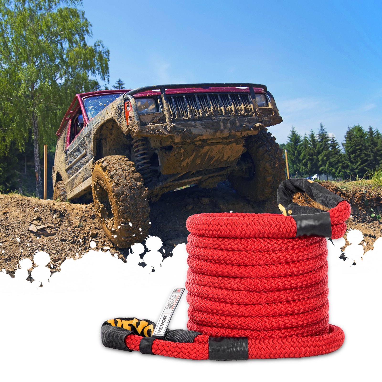 VEVOR Cuerda de remolque de recuperación de 1" x 31.5', 33,500 lbs, Cuerda de energía cinética de doble trenzado de nailon resistente con bucles y mangas protectoras, para camión, vehículo todoterreno, ATV, UTV, bolsa de transporte incluida, rojo