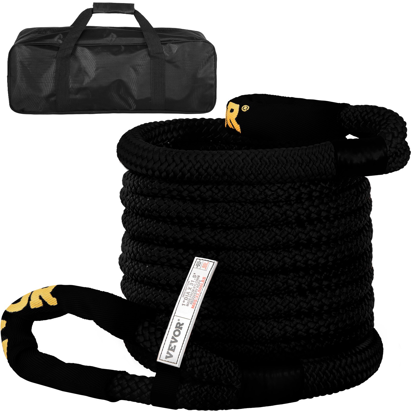 Cuerda de recuperación cinética VEVOR negra enrollada con bolsa de transporte que se muestra arriba.
