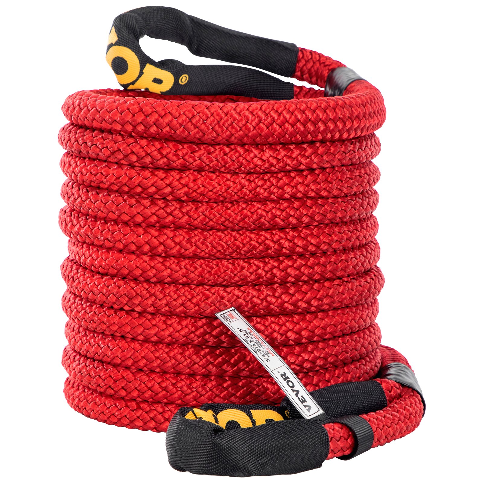 Cuerda de remolque de recuperación cinética VEVOR roja enrollada con bucles acolchados negros.