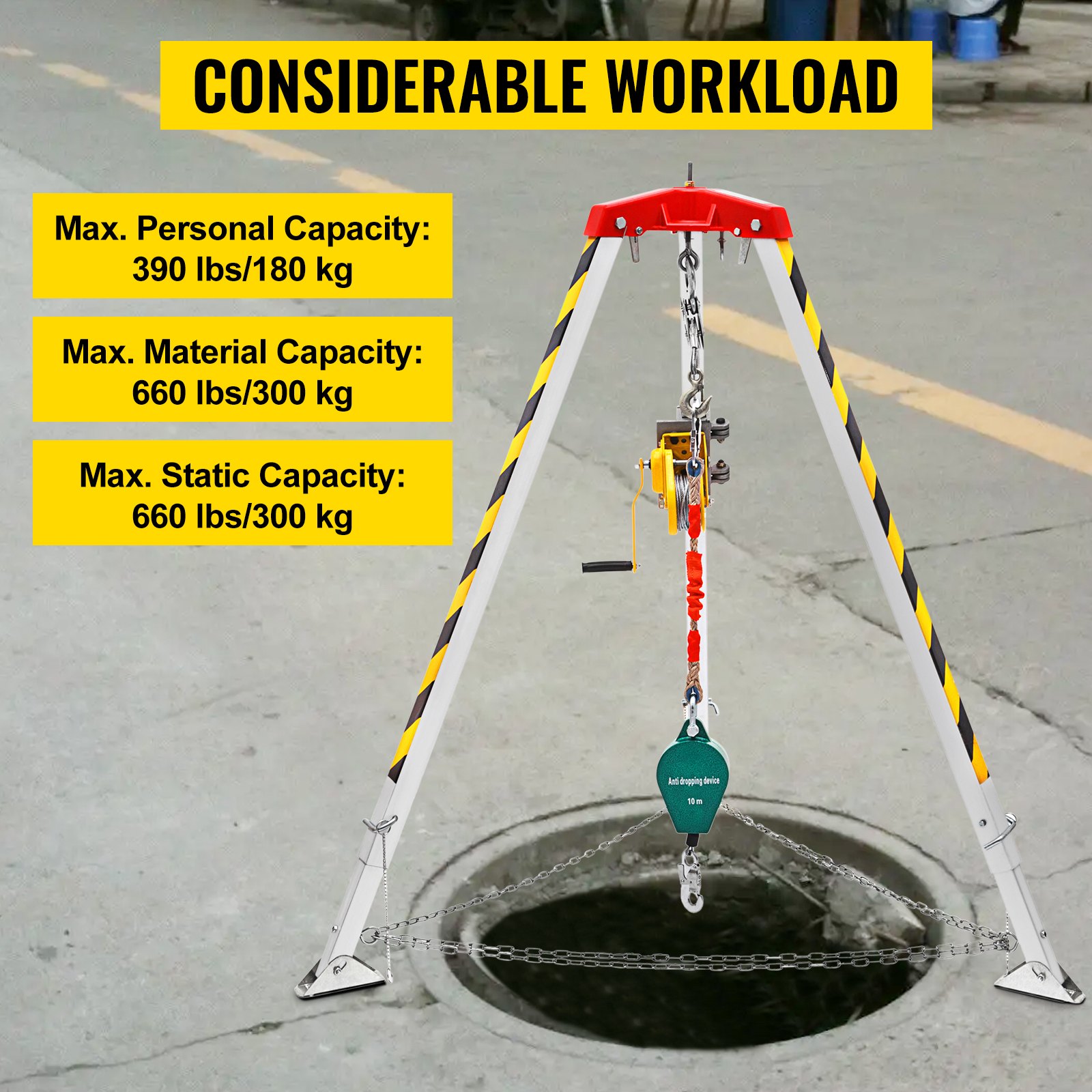 Kit de rescate para espacios confinados VEVOR con capacidades máximas y configuración de trípode sobre pozo de registro