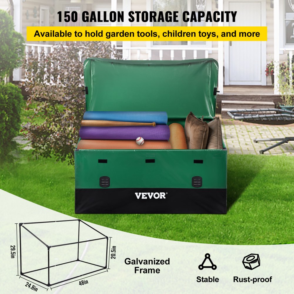VEVOR Caja de almacenamiento para exteriores VEOVR, 150 galones, impermeable, de lona de polietileno, con marco galvanizado, resistente a la intemperie y portátil, para camping, jardín, piscina y patio, marrón y azul