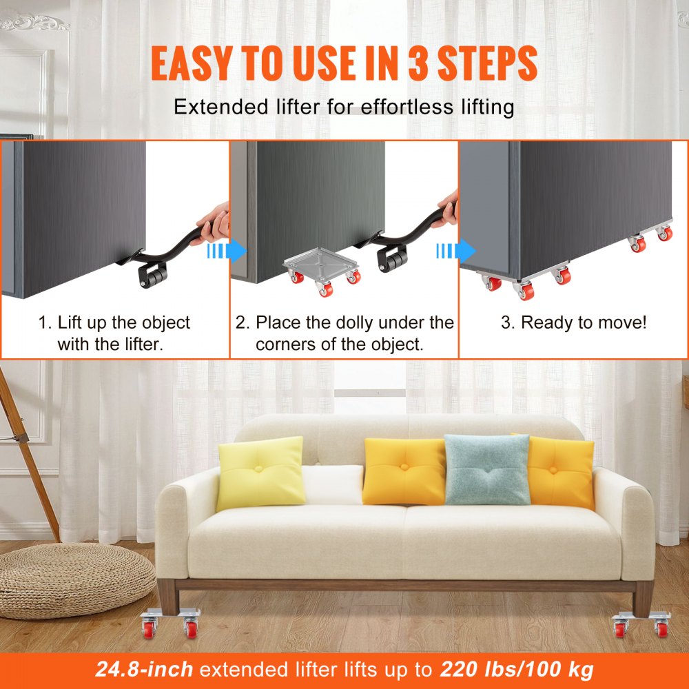 Plataforma rodante para muebles VEVOR, con ruedas giratorias de polipropileno de 360° y panel de acero al carbono, capacidad de 113 kg, ideal para mover muebles pesados, refrigeradores y sofás.