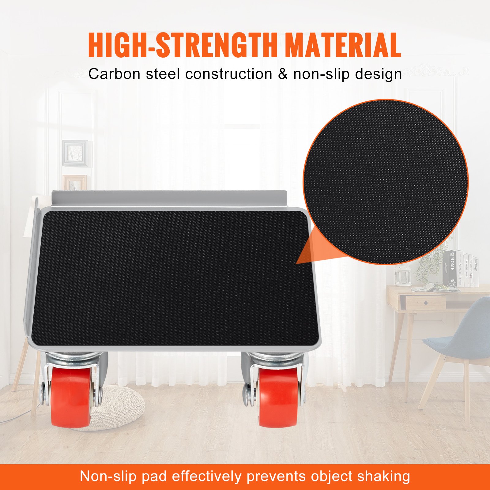 Plataforma rodante para muebles VEVOR, con ruedas giratorias de polipropileno de 360° y panel de acero al carbono, capacidad de 113 kg, ideal para mover muebles pesados, refrigeradores y sofás.