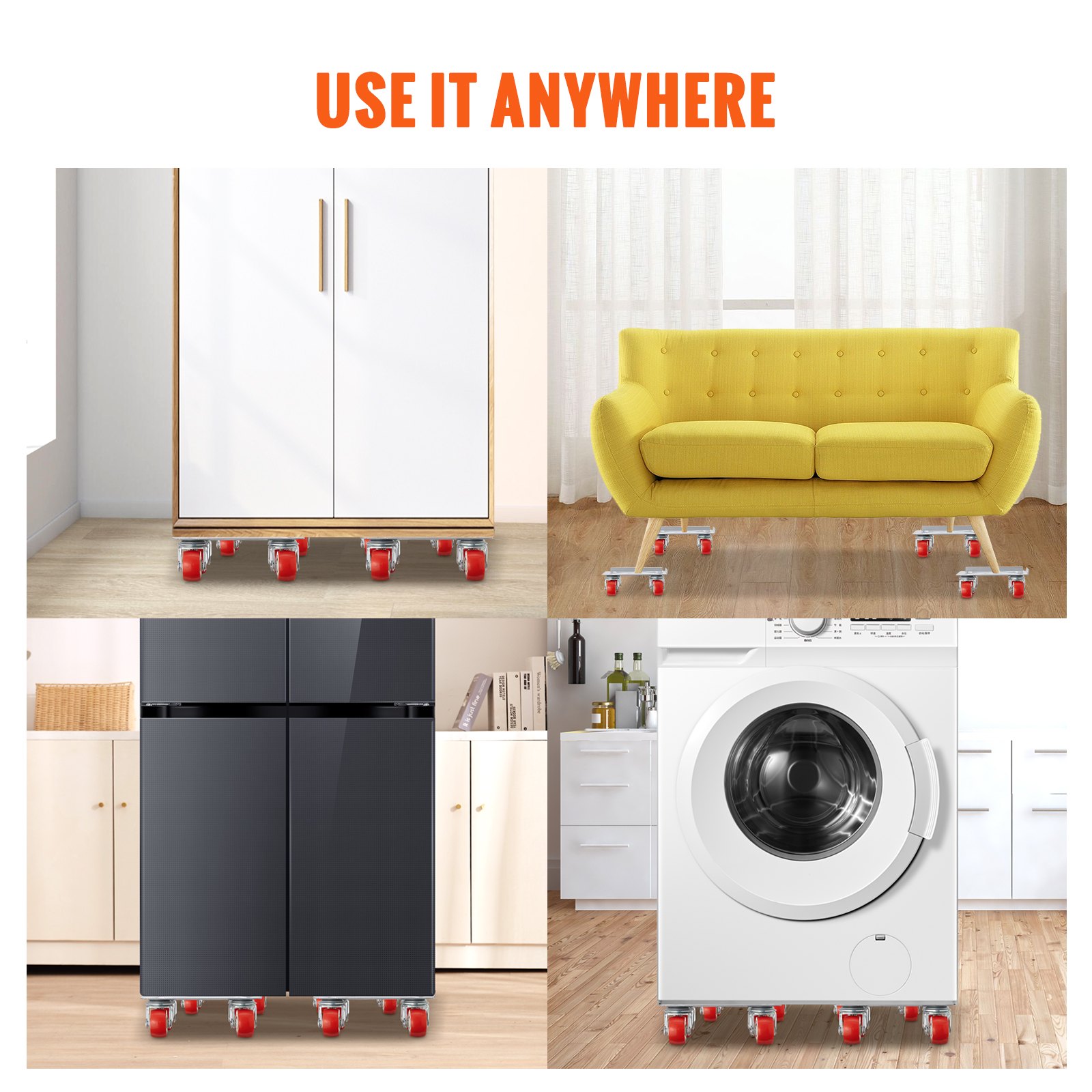 Plataforma rodante para muebles VEVOR, con ruedas giratorias de polipropileno de 360° y panel de acero al carbono, capacidad de 113 kg, ideal para mover muebles pesados, refrigeradores y sofás.