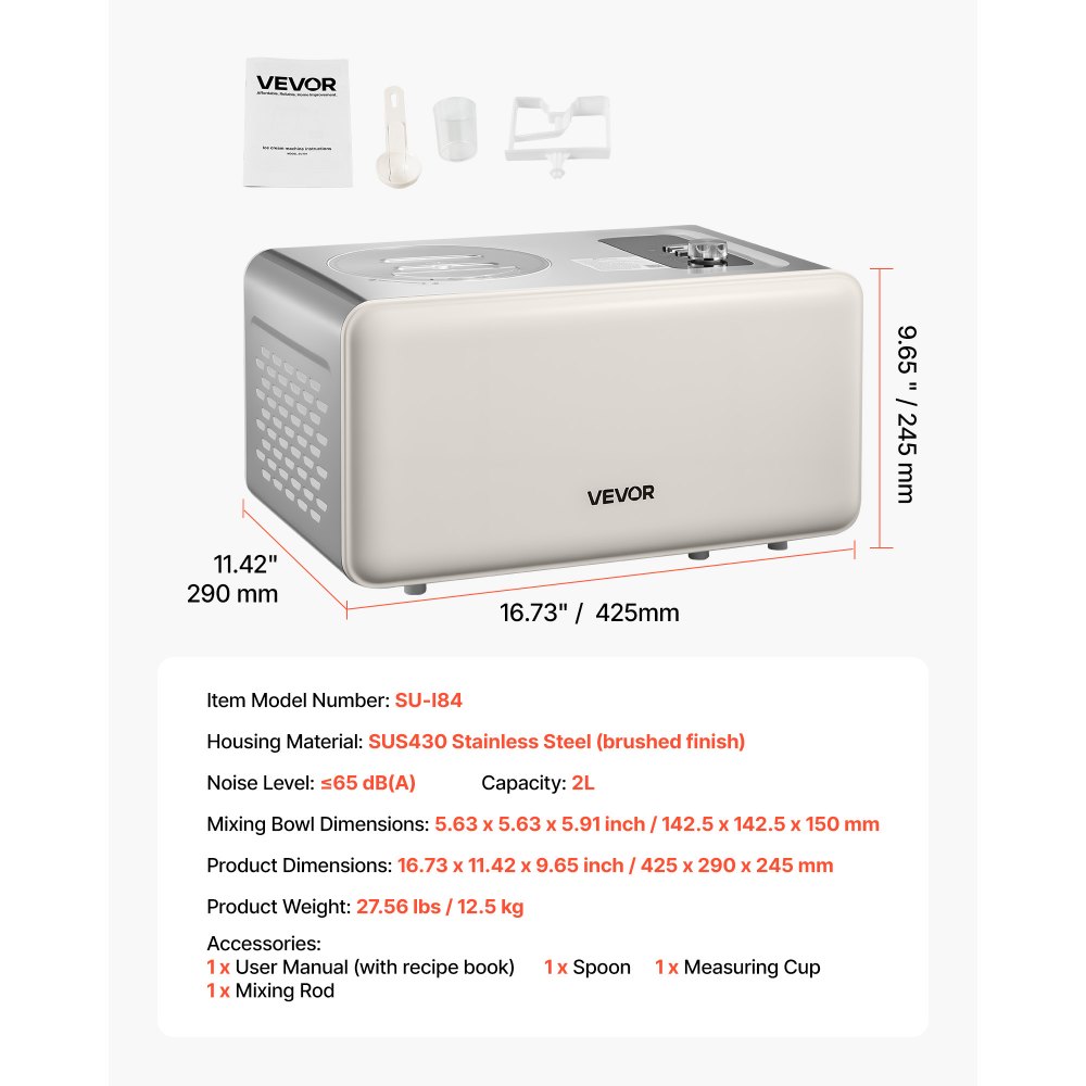 Máquina automática de helados VEVOR con compresor incorporado, 2 cuartos de galón, sin congelación previa, máquina eléctrica para hacer helados y sorbetes, 3 modos de funcionamiento, ideal para la cocina del hogar.