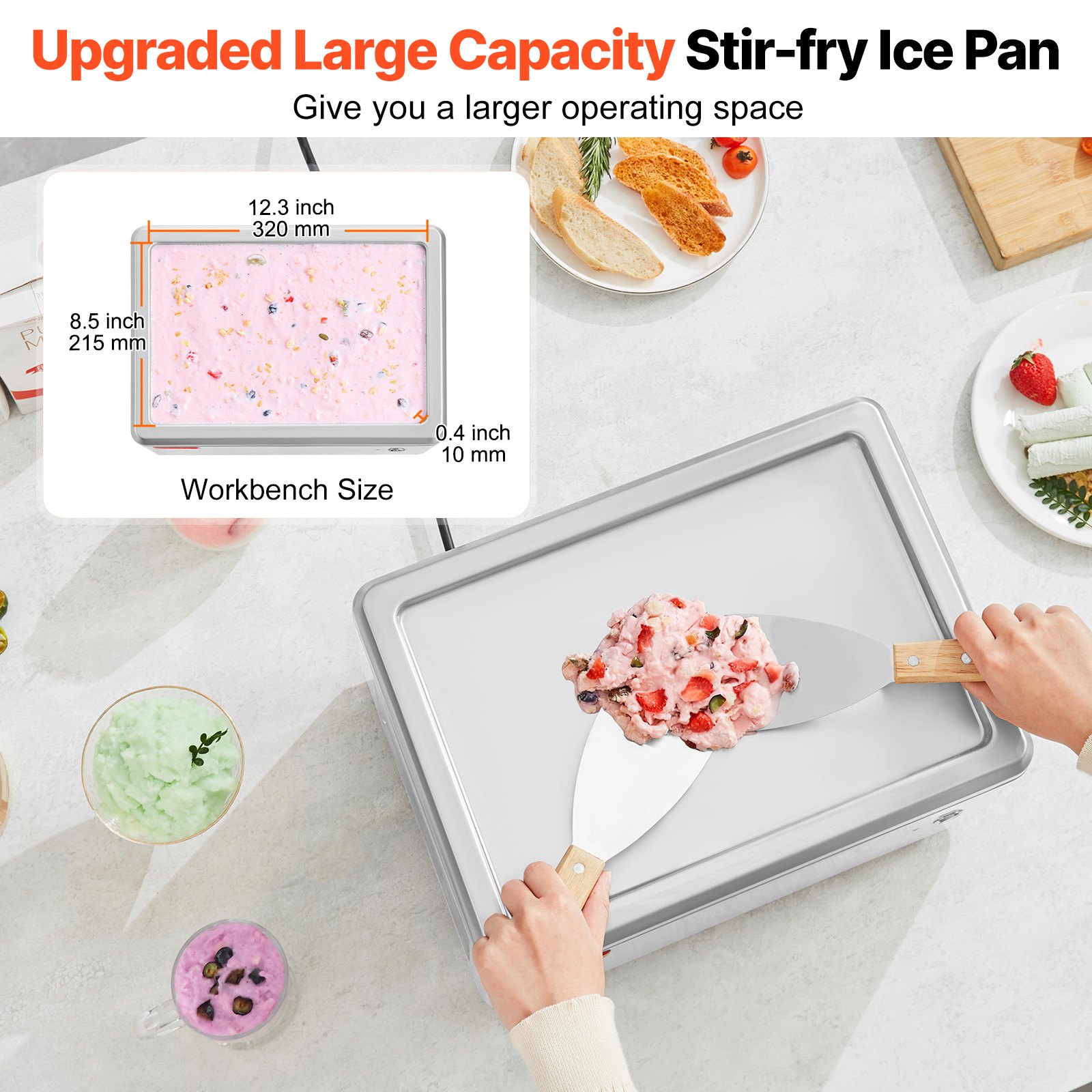 Máquina para hacer rollos de helado frito VEVOR, bandeja de 32 x 21 cm, máquina para hacer helados enrollados de acero inoxidable con compresor y 2 raspadores, para hacer helado, yogur helado y rollos de helado.