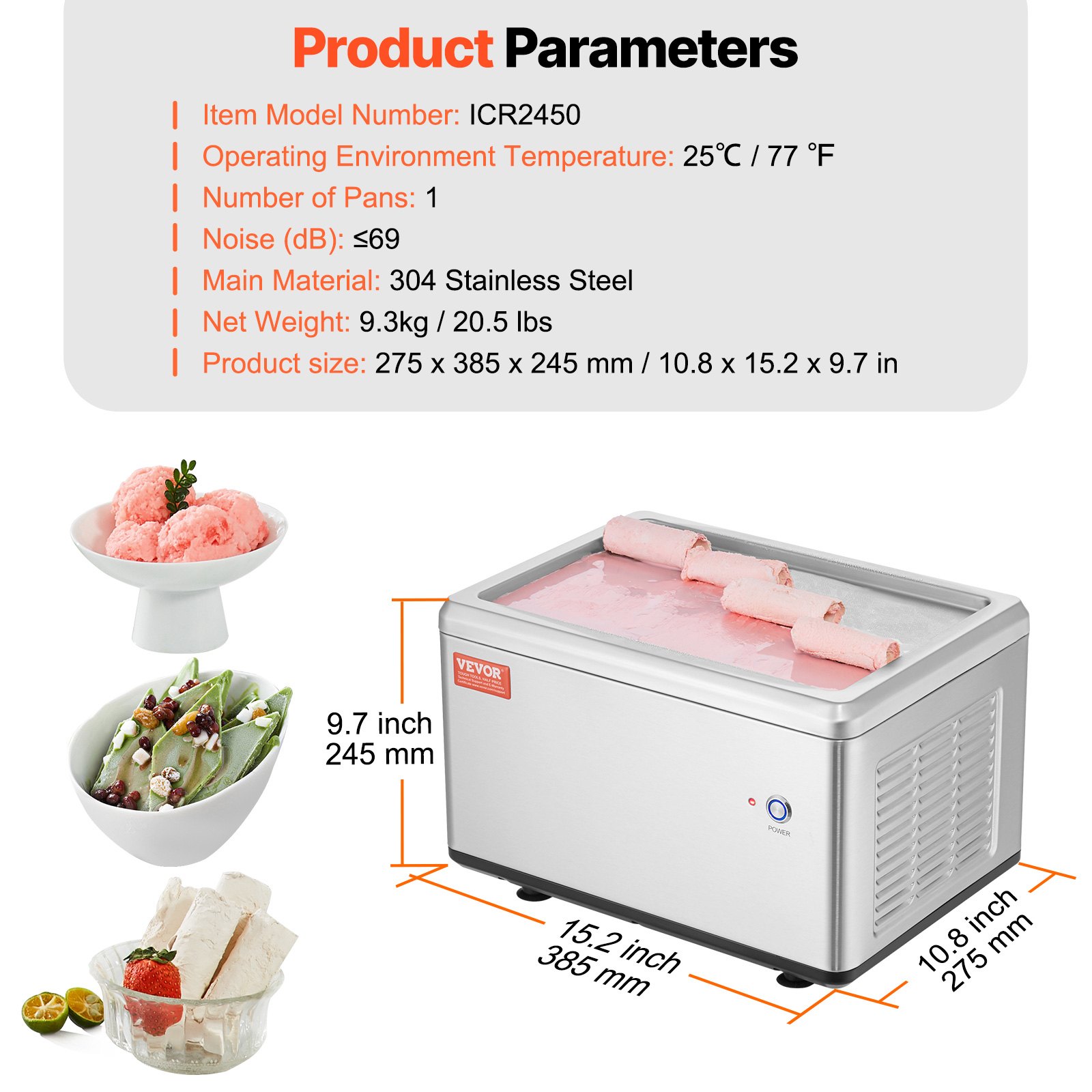 Máquina para hacer rollos de helado frito VEVOR, bandeja de 32 x 21 cm, máquina para hacer helados enrollados de acero inoxidable con compresor y 2 raspadores, para hacer helado, yogur helado y rollos de helado.