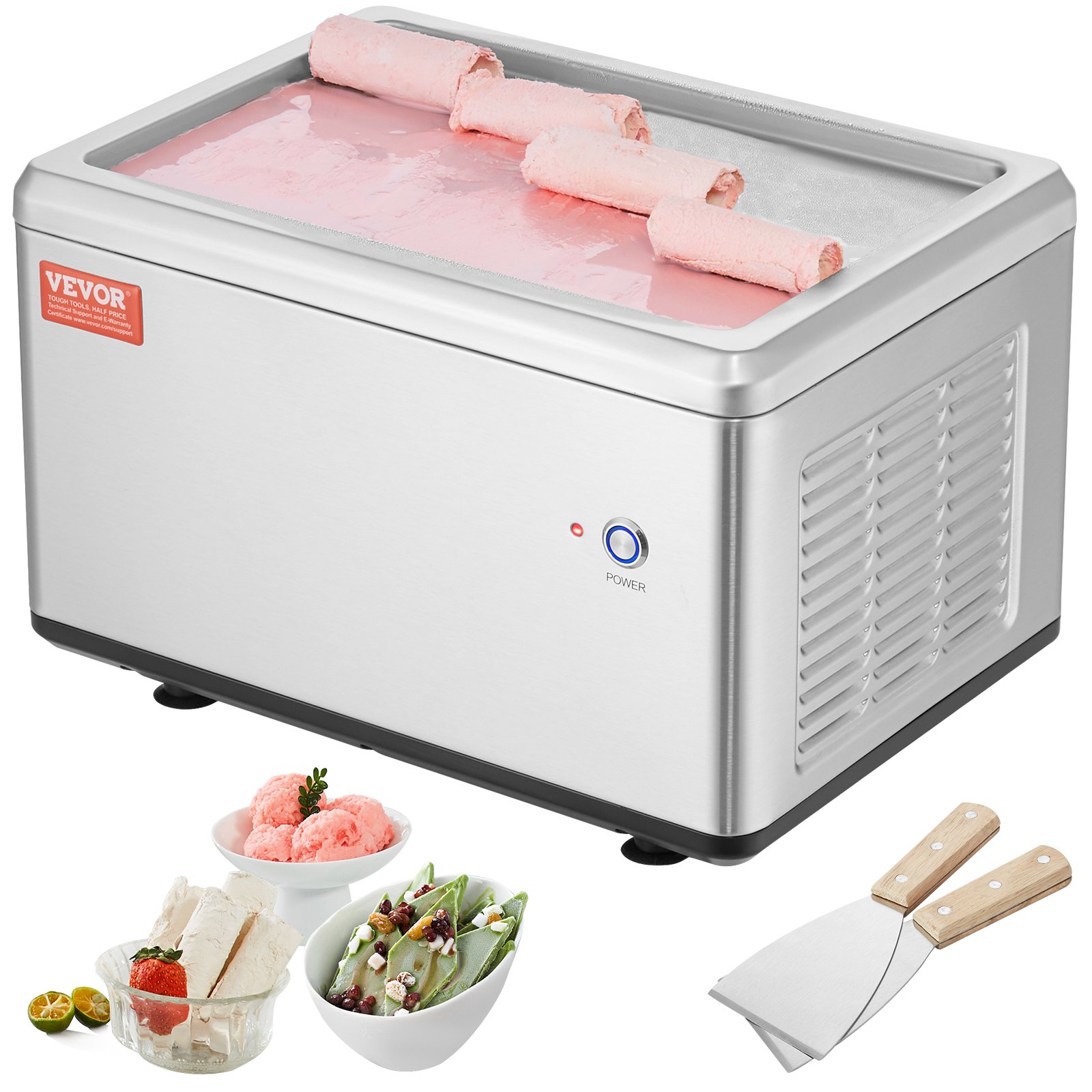 Máquina para hacer rollos de helado frito VEVOR, bandeja de 32 x 21 cm, máquina para hacer helados enrollados de acero inoxidable con compresor y 2 raspadores, para hacer helado, yogur helado y rollos de helado.
