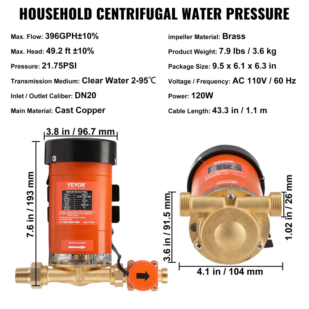 Especificaciones y dimensiones de la bomba de aumento de presión de agua VEVOR etiquetadas, con componentes de cobre y latón.