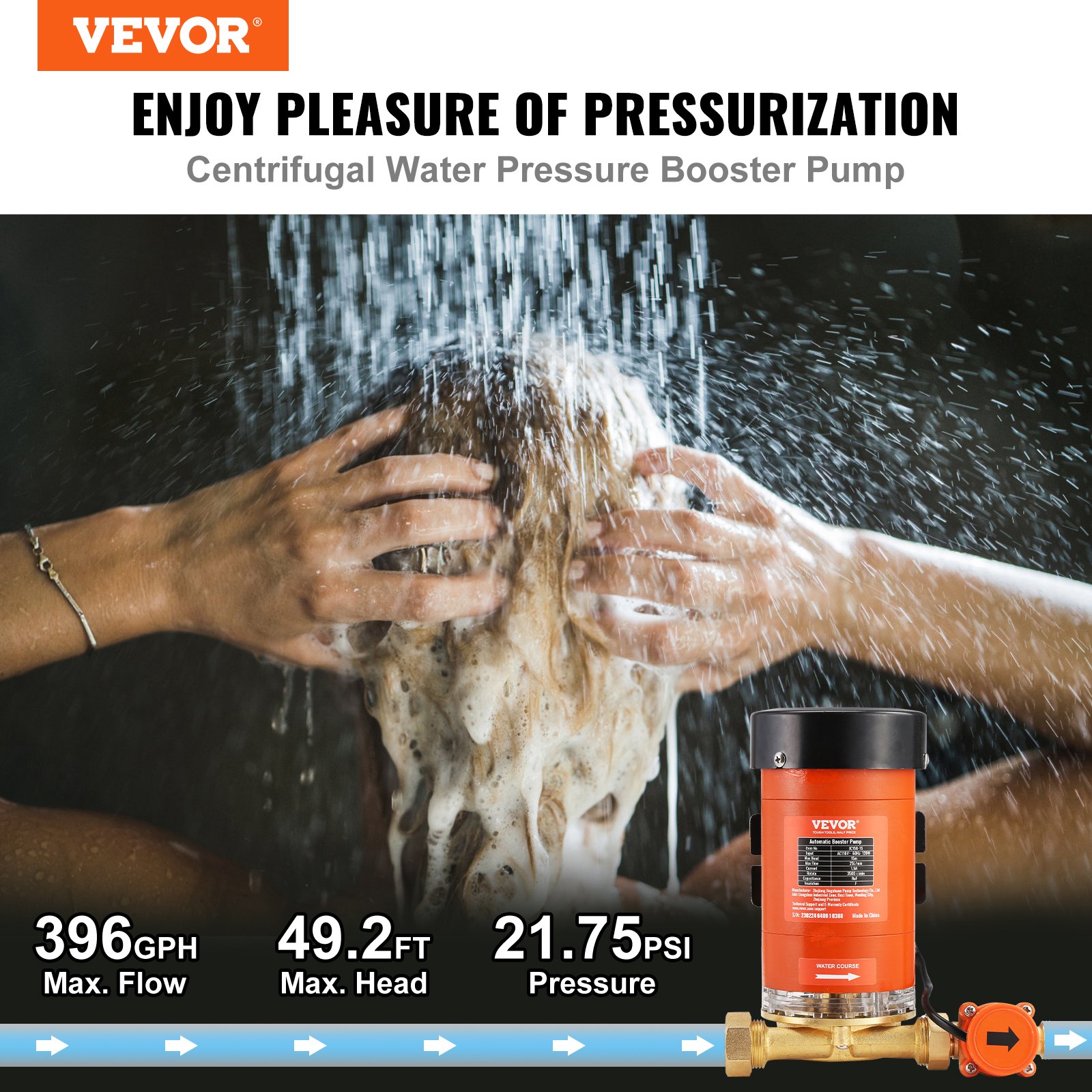 Bomba amplificadora de presión de agua VEVOR que destaca el flujo máximo, la altura máxima y la presión para una mejor experiencia de ducha.