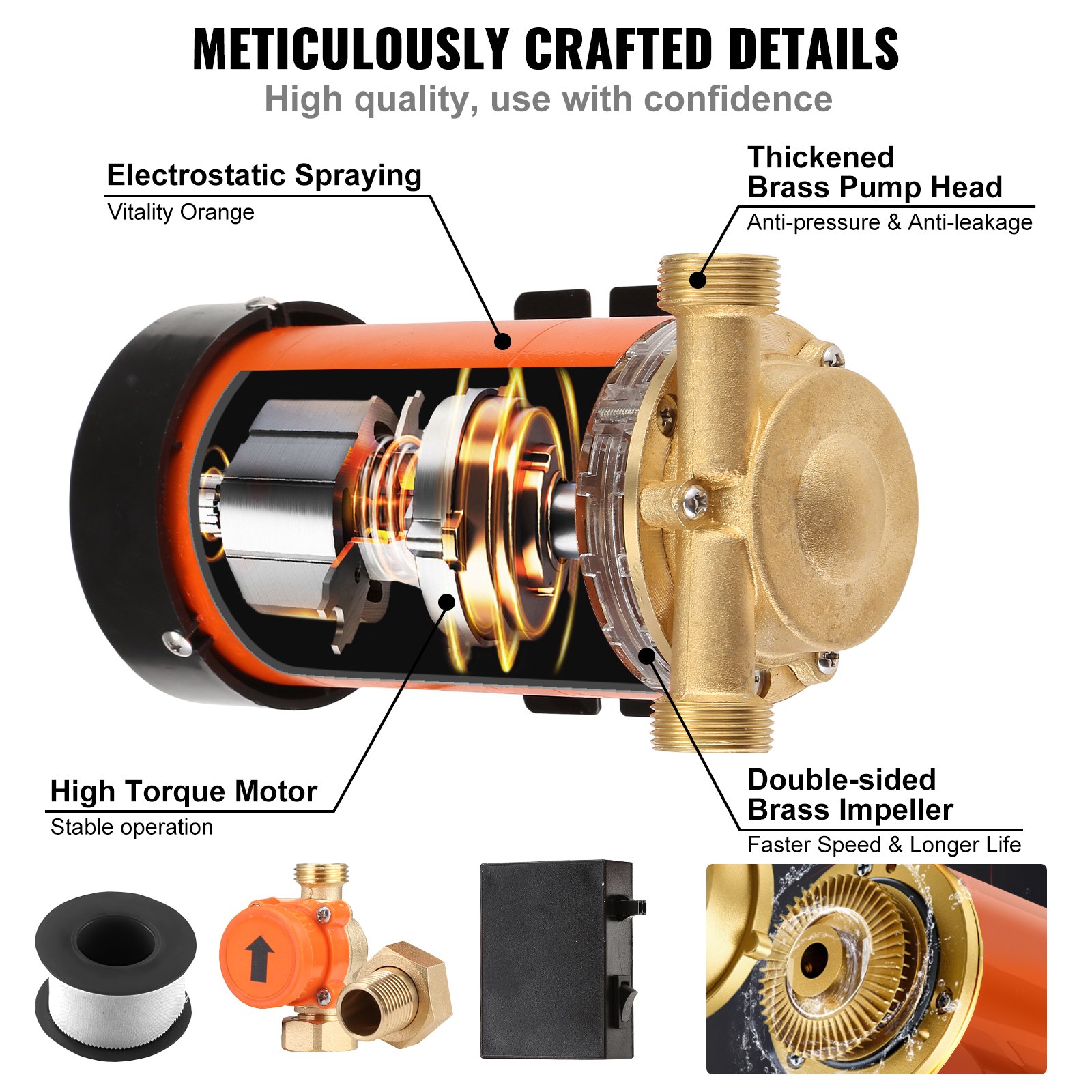 Bomba de aumento de presión de agua VEVOR, impulsor de latón de doble cara, pulverización electrostática, motor de alto par.
