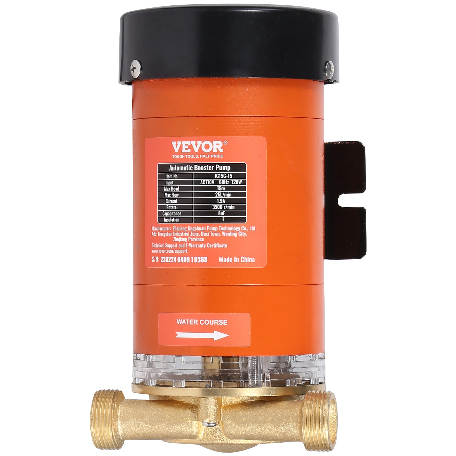 Bomba amplificadora de presión de agua VEVOR naranja con etiqueta de especificaciones, accesorios de latón y tapa negra.