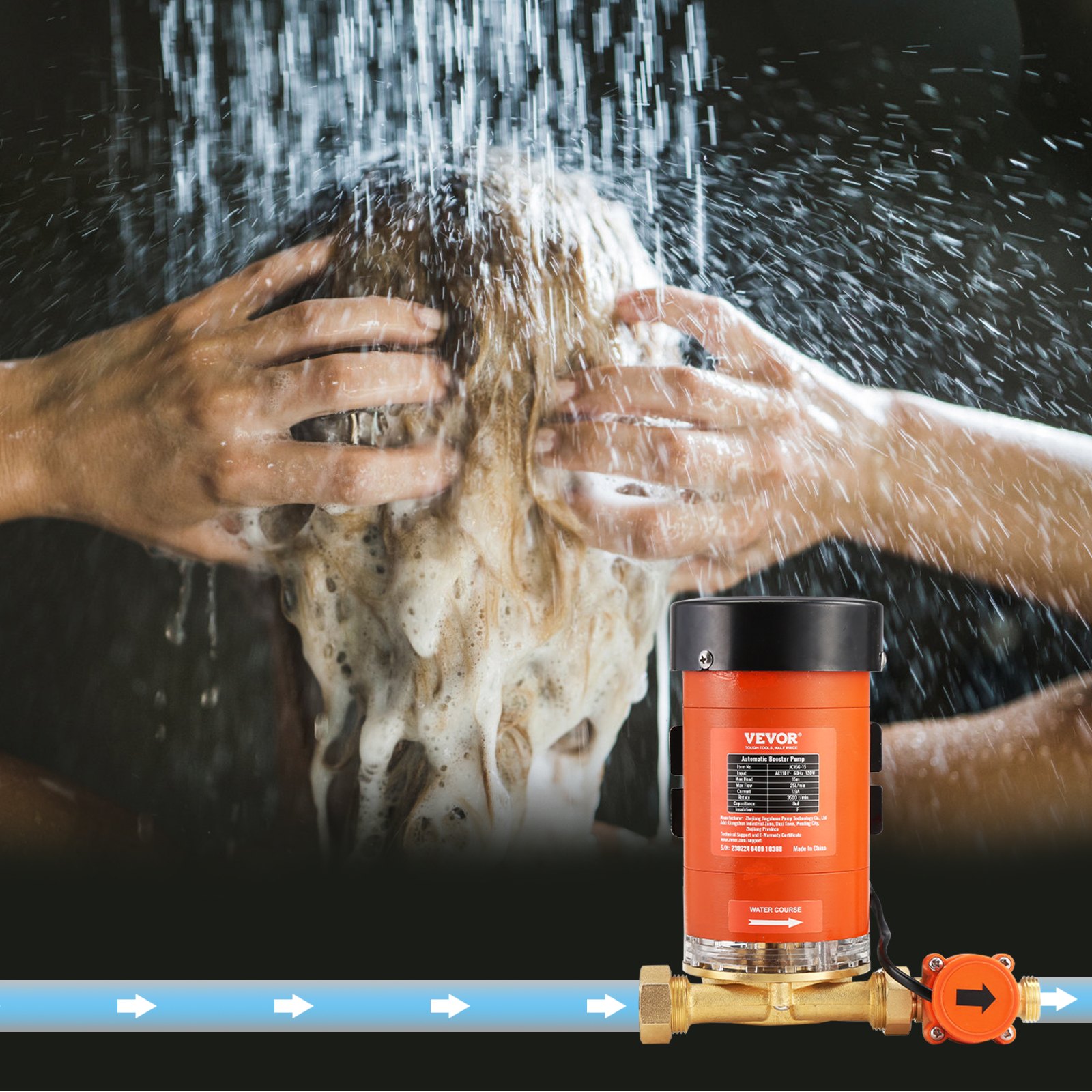 VEVOR Bomba de Refuerzo de Presión de Agua de 120 W, 110 V CA, 396 GPH, 21,75 PSI, Caudal Máximo de 25 L/min, Bomba de Refuerzo de Ducha con Interruptor de Flujo de Agua, para Ducha de Toda la Casa