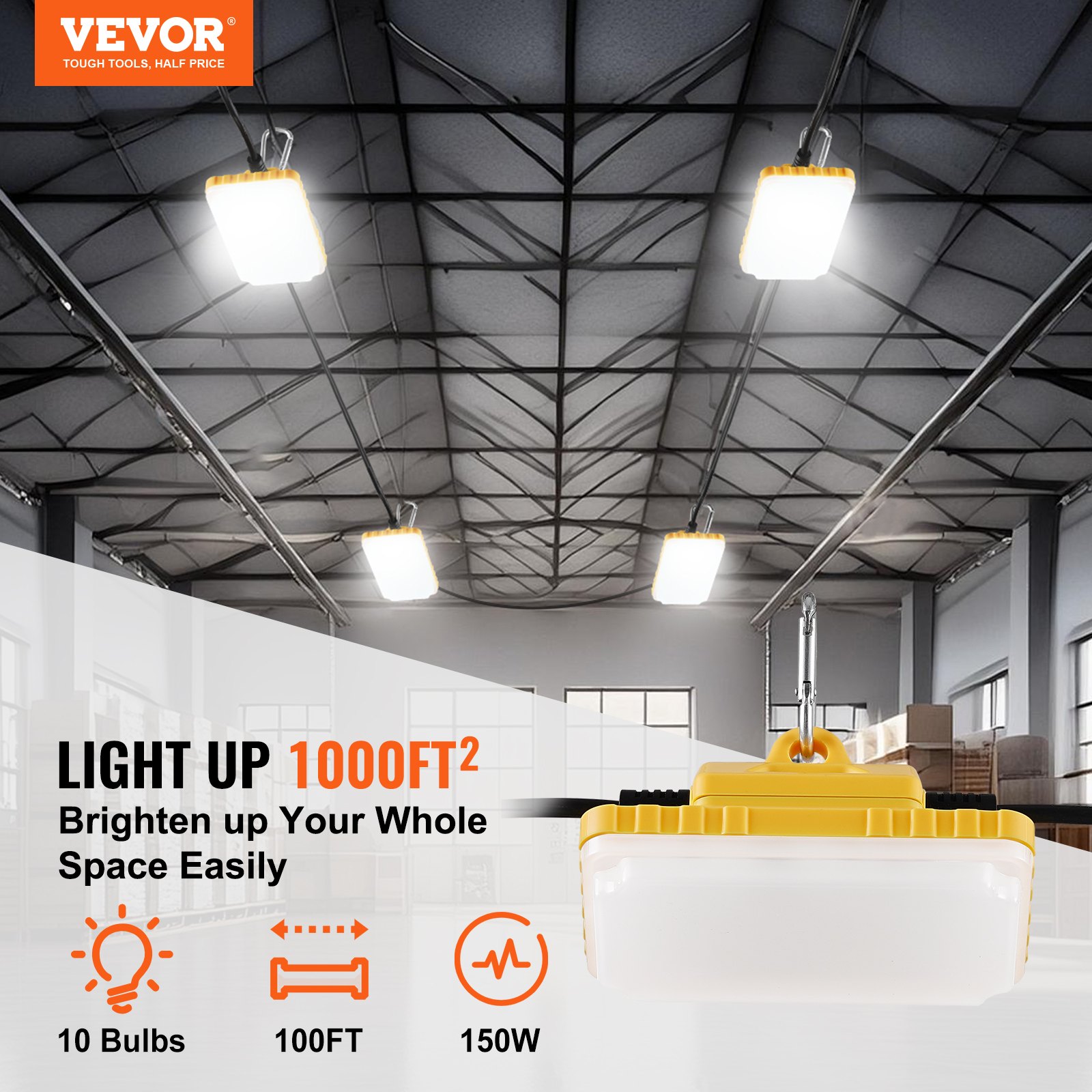 Cadena de luces para construcción VEVOR de 100 pies, 150 W, 15 000 lm, conectable, resistente al agua