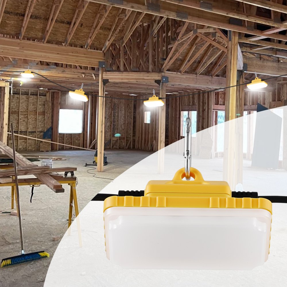 VEVOR - Guirnalda de luces para construcción de 15 m, 75 W, 7500 lm, 5 unidades, 5000-5500 K, IP65 resistente al agua, con ganchos para colgar, para obras de construcción, iluminación temporal en interiores y exteriores, homologada por ETL