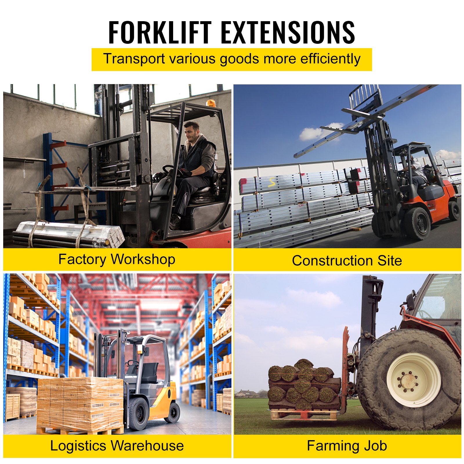 VEVOR Extensiones de horquilla de palé para carretilla elevadora, 60 pulgadas de largo x 4 pulgadas de ancho, extensiones de horquilla elevadora de horquilla, extensiones de horquilla de palé de acero resistente, 1 par para carretilla elevadora, carretillas elevadoras, abrazadera de cargador en horquillas de palé