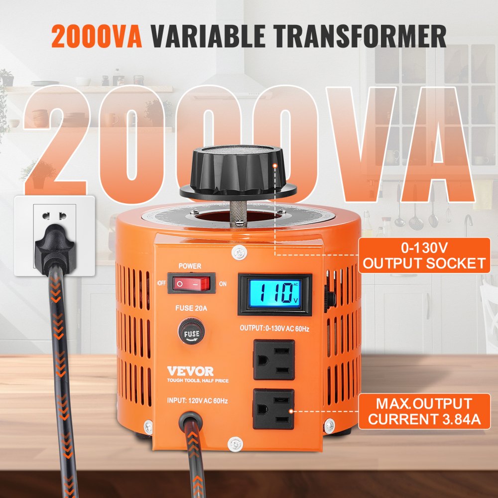 VEVOR Transformador de Voltaje Variable Automático 2000 VA, 15,3 A, Entrada 110 V, Salida 0-130 V, Regulador de Voltaje de CA, Pantalla LCD, 4 Fusibles Adicionales e Interruptor de Control Térmico