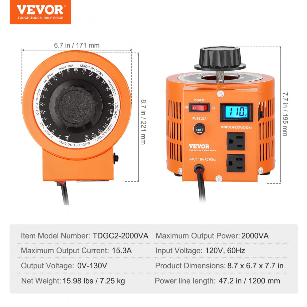 VEVOR Transformador de Voltaje Variable Automático 2000 VA, 15,3 A, Entrada 110 V, Salida 0-130 V, Regulador de Voltaje de CA, Pantalla LCD, 4 Fusibles Adicionales e Interruptor de Control Térmico