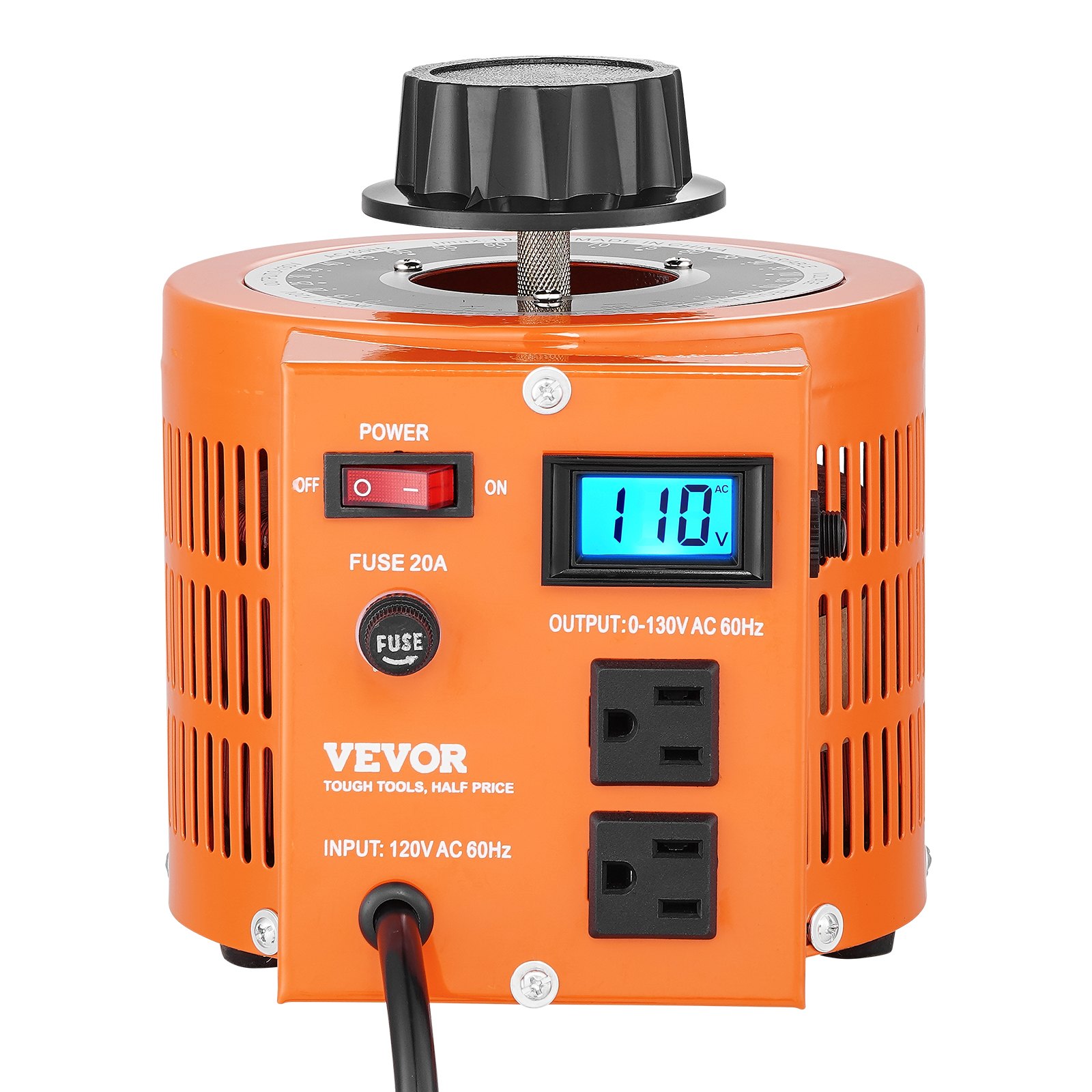 Transformador de voltaje variable automático VEVOR de 2000 VA, 15,3 A, entrada de 110 V, salida de 0-130 V, regulador de voltaje de CA, con pantalla LCD, 4 fusibles adicionales e interruptor de control térmico para el hogar, la industria y la oficina.