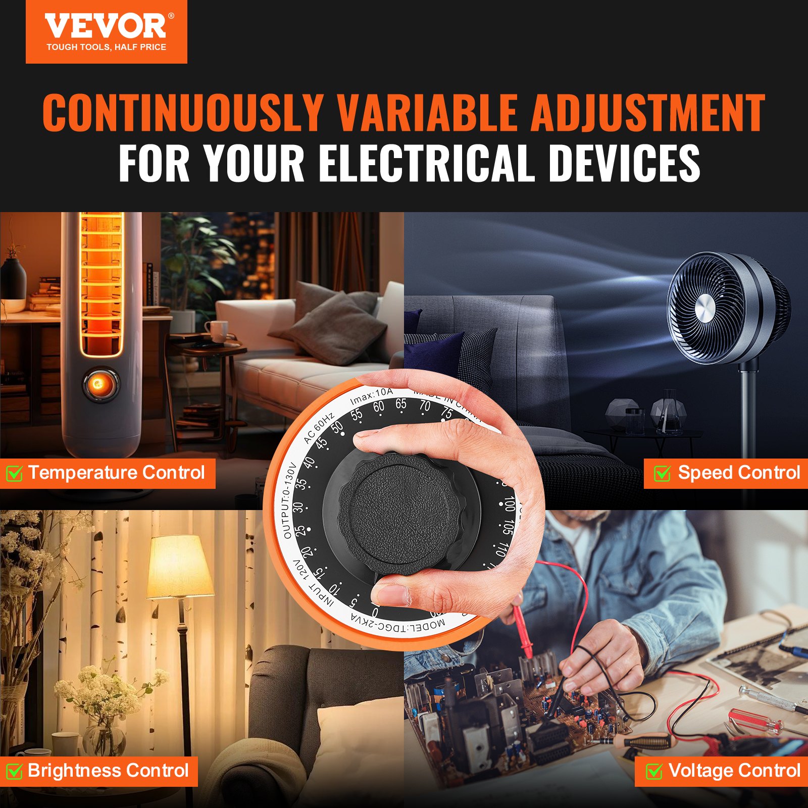 VEVOR Transformador de Voltaje Variable Automático 2000 VA, 15,3 A, Entrada 110 V, Salida 0-130 V, Regulador de Voltaje de CA, Pantalla LCD, 4 Fusibles Adicionales e Interruptor de Control Térmico