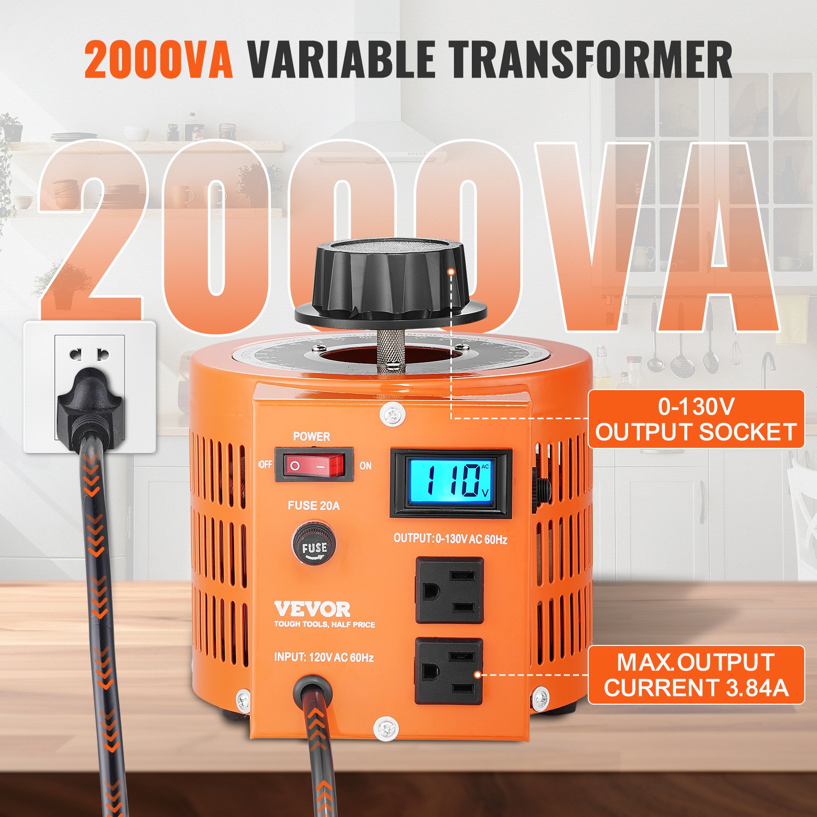 VEVOR Transformador de Voltaje Variable Automático 2000 VA, 15,3 A, Entrada 110 V, Salida 0-130 V, Regulador de Voltaje de CA, Pantalla LCD, 4 Fusibles Adicionales e Interruptor de Control Térmico