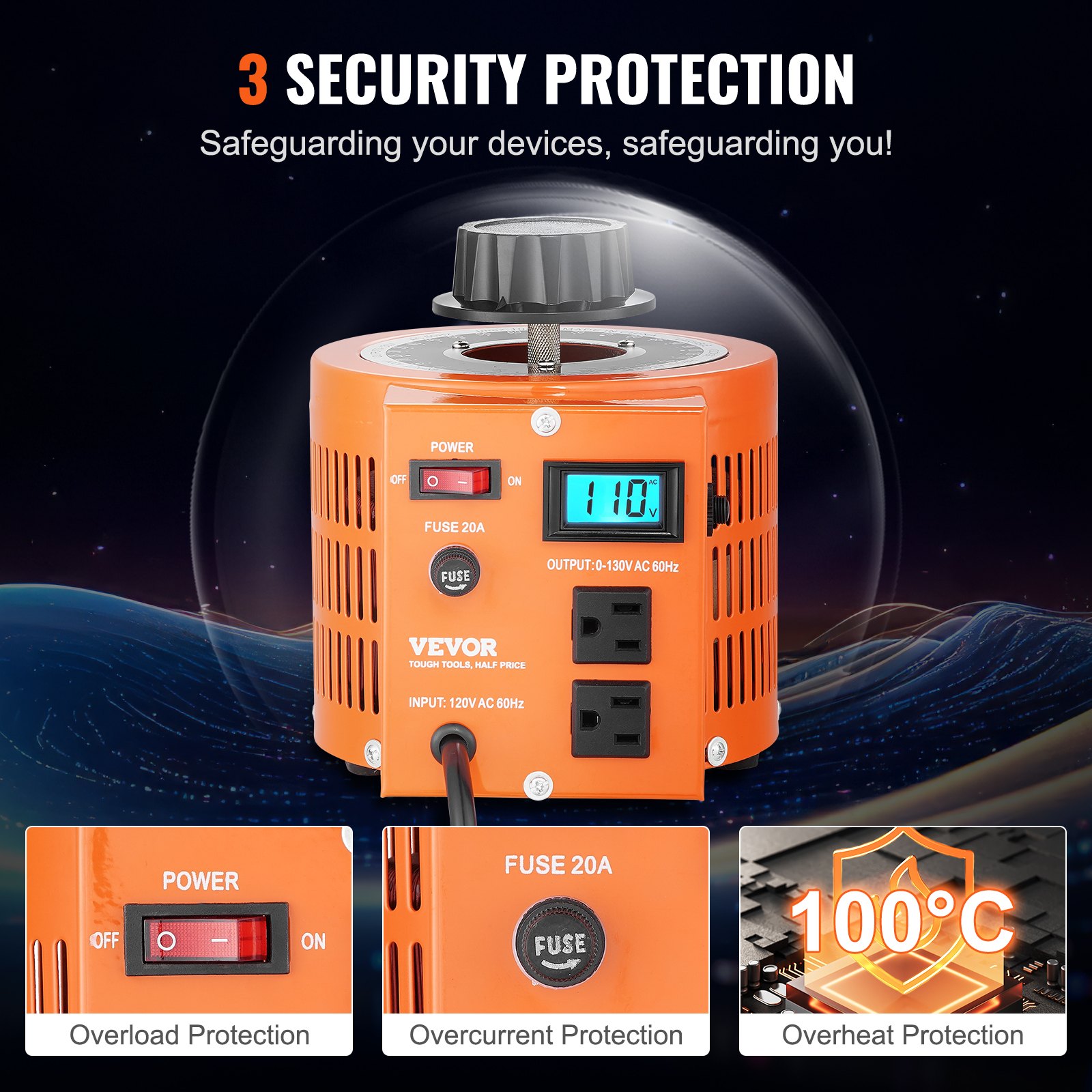 VEVOR Transformador de Voltaje Variable Automático 2000 VA, 15,3 A, Entrada 110 V, Salida 0-130 V, Regulador de Voltaje de CA, Pantalla LCD, 4 Fusibles Adicionales e Interruptor de Control Térmico