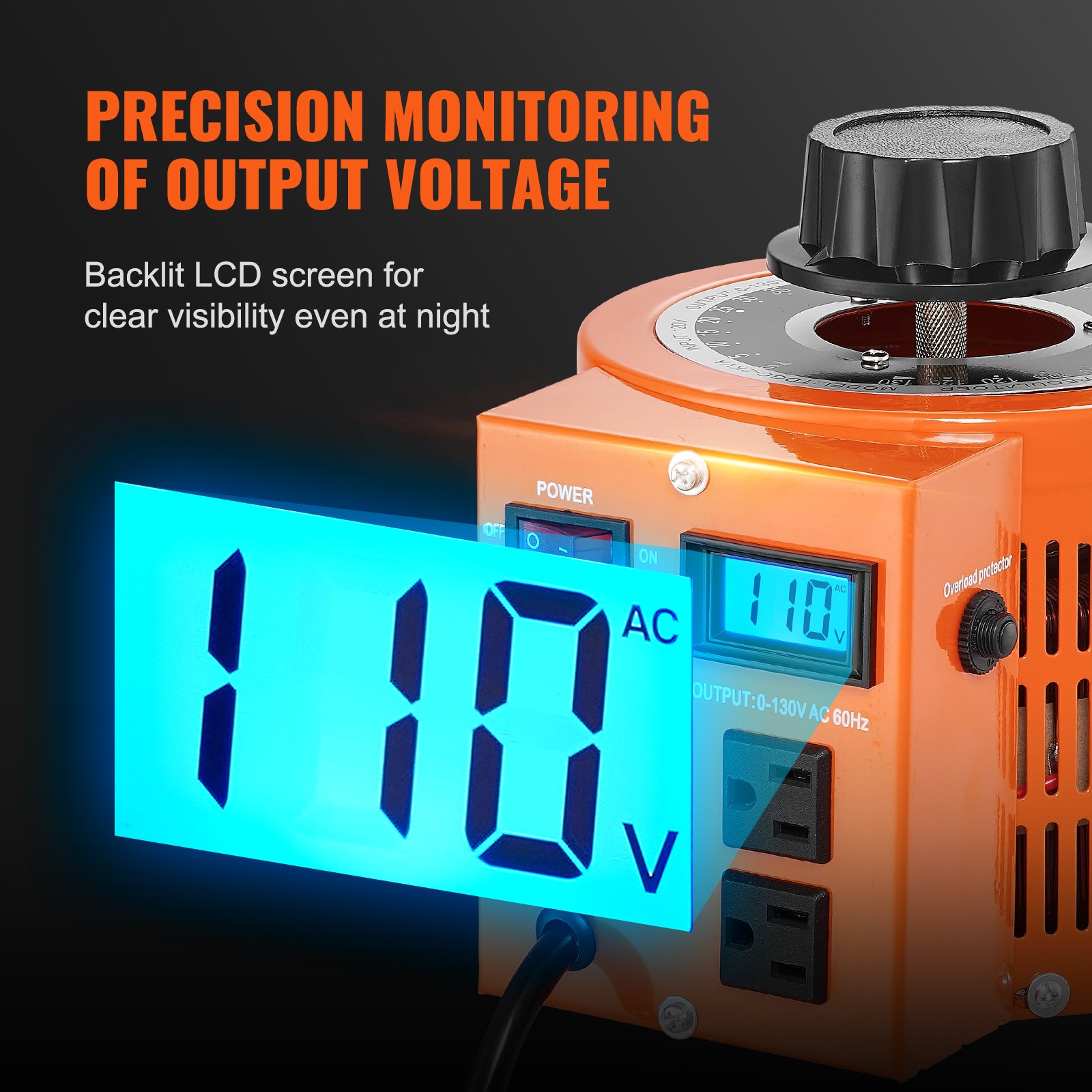 VEVOR Transformador de Voltaje Variable Automático 2000 VA, 15,3 A, Entrada 110 V, Salida 0-130 V, Regulador de Voltaje de CA, Pantalla LCD, 4 Fusibles Adicionales e Interruptor de Control Térmico