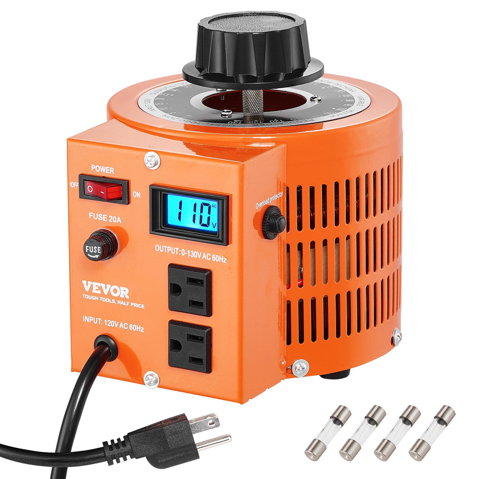 VEVOR Transformador de Voltaje Variable Automático 2000 VA, 15,3 A, Entrada 110 V, Salida 0-130 V, Regulador de Voltaje de CA, Pantalla LCD, 4 Fusibles Adicionales e Interruptor de Control Térmico