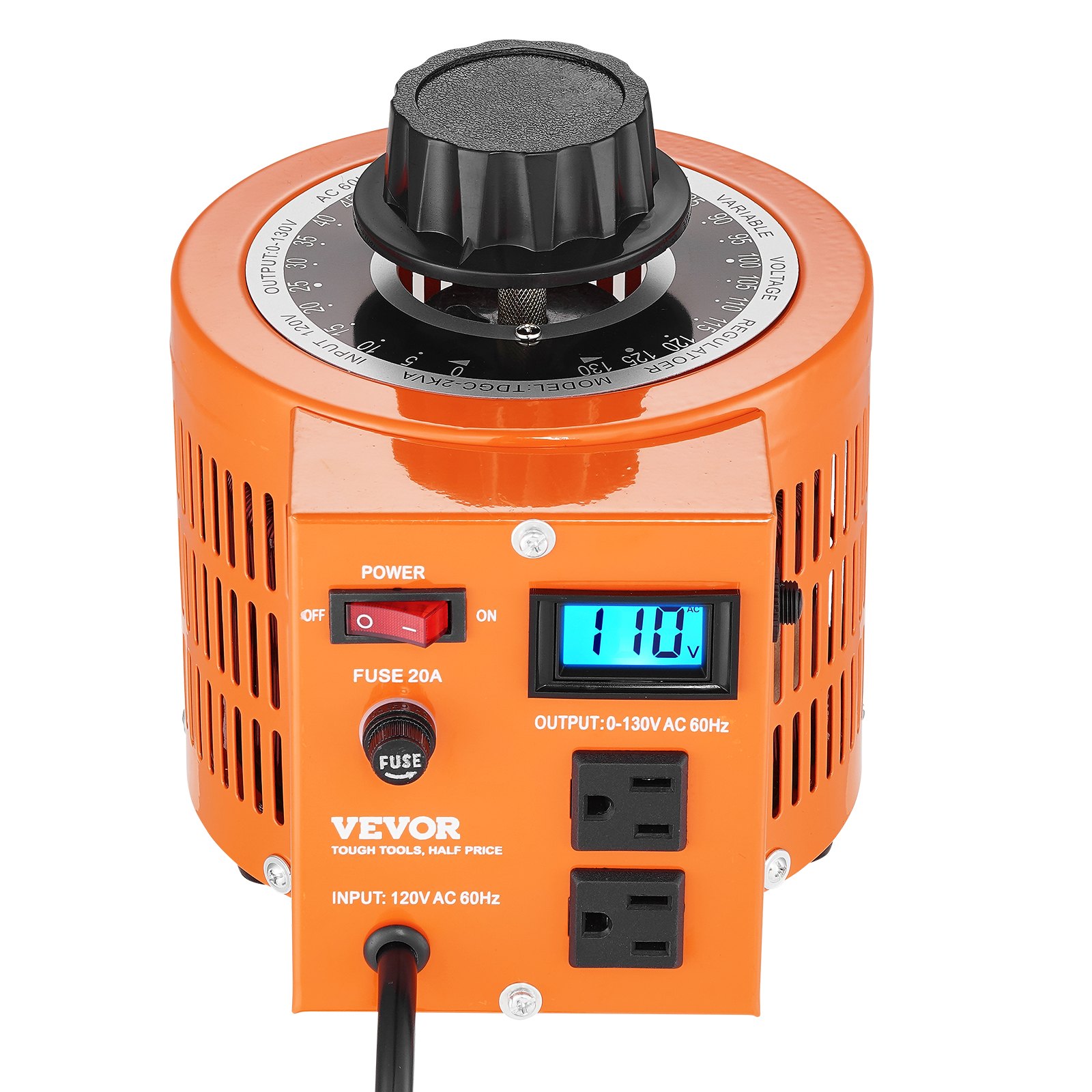 VEVOR Transformador de Voltaje Variable Automático 2000 VA, 15,3 A, Entrada 110 V, Salida 0-130 V, Regulador de Voltaje de CA, Pantalla LCD, 4 Fusibles Adicionales e Interruptor de Control Térmico