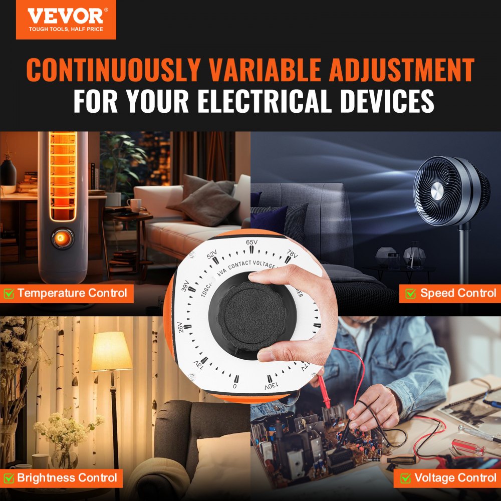 Transformador de voltaje VEVOR para control de temperatura, velocidad, brillo y voltaje con dial ajustable.