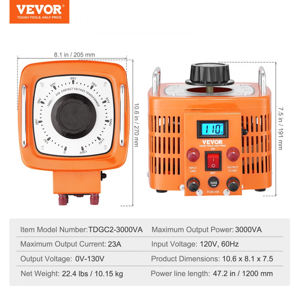 Transformador de voltaje naranja VEVOR tdgc2-3000va con pantalla digital, dial giratorio y diagrama de especificaciones