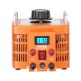 Transformador de voltaje VEVOR naranja con pantalla digital y perillas de control, entrada 120v, salida 0-130v.