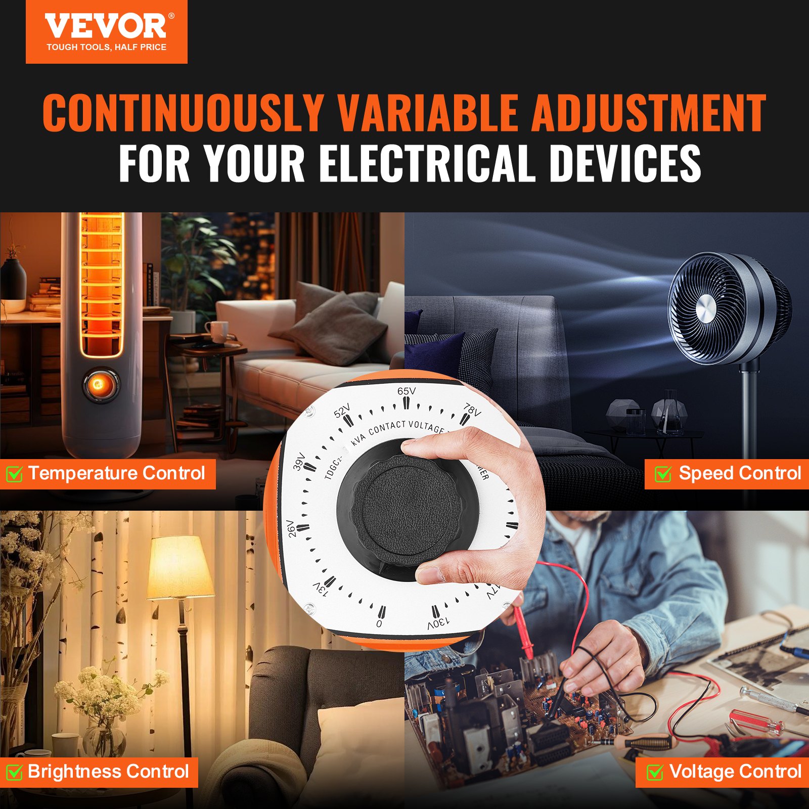 Transformador de voltaje VEVOR para control de temperatura, velocidad, brillo y voltaje con dial ajustable.