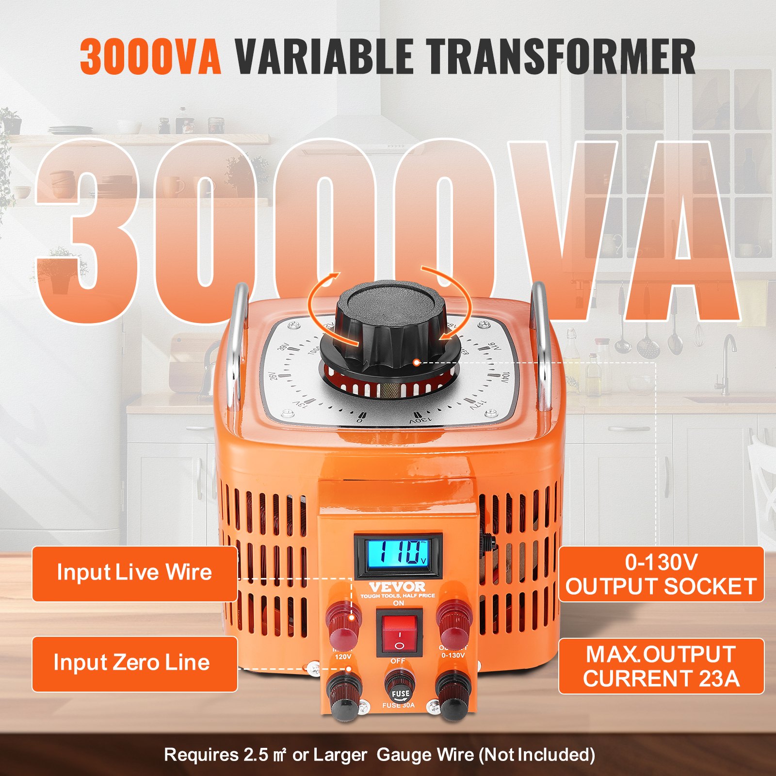 Transformador de voltaje VEVOR, 3000va, variable con salida 0-130v y corriente máxima 23a en un entorno de cocina.