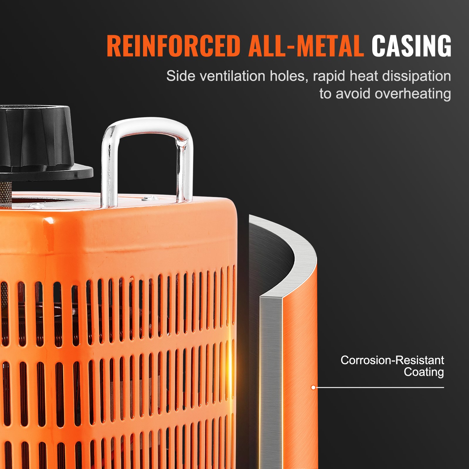 Transformador de tensión VEVOR con carcasa totalmente metálica reforzada, orificios de ventilación laterales y revestimiento resistente a la corrosión.