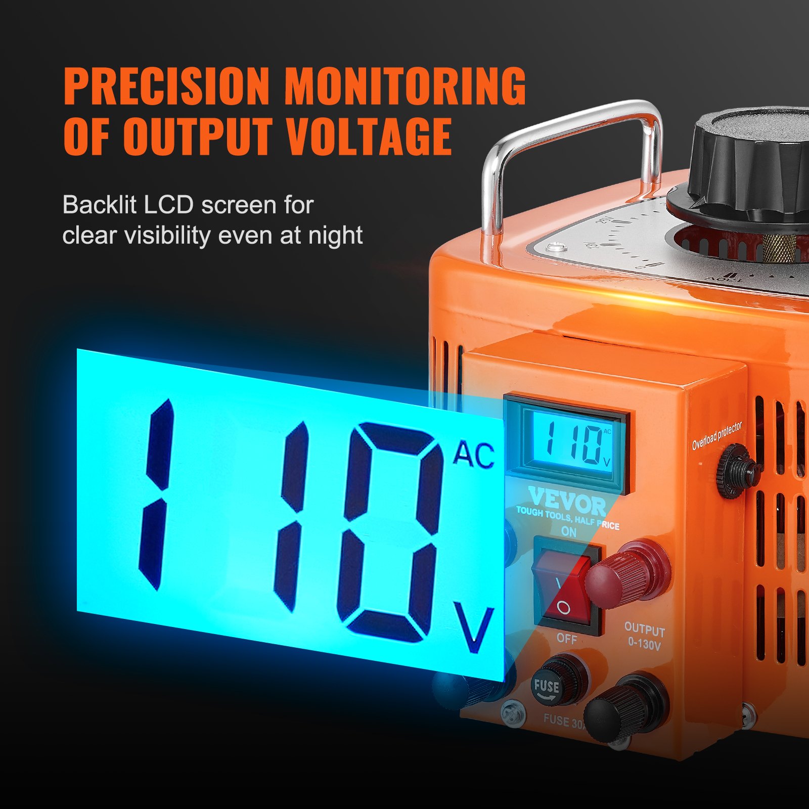 Transformador de voltaje VEVOR con pantalla LCD retroiluminada que muestra 110 V CA para monitoreo de precisión.