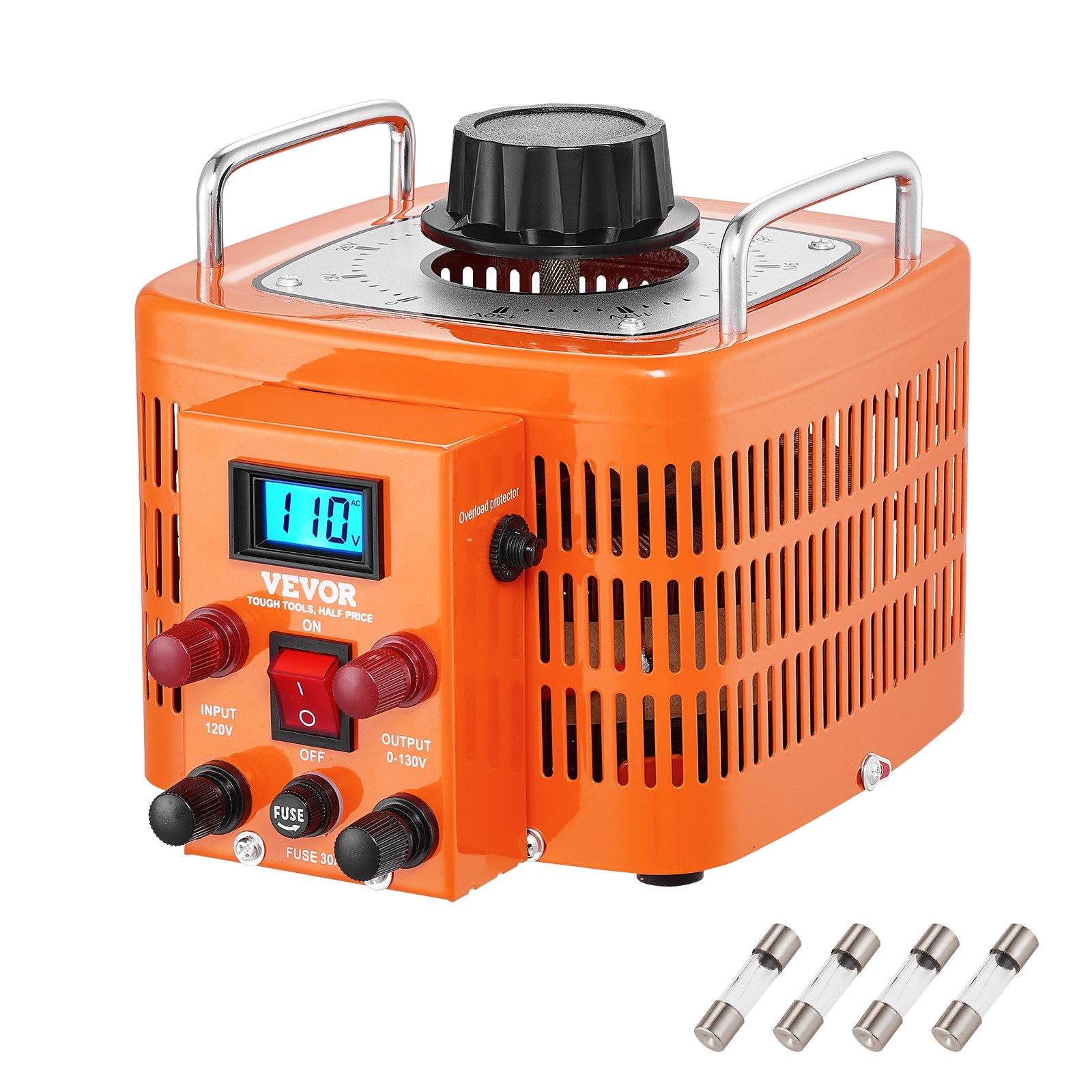 Transformador de voltaje VEVOR naranja con pantalla LCD, perilla ajustable y múltiples componentes fusibles incluidos.