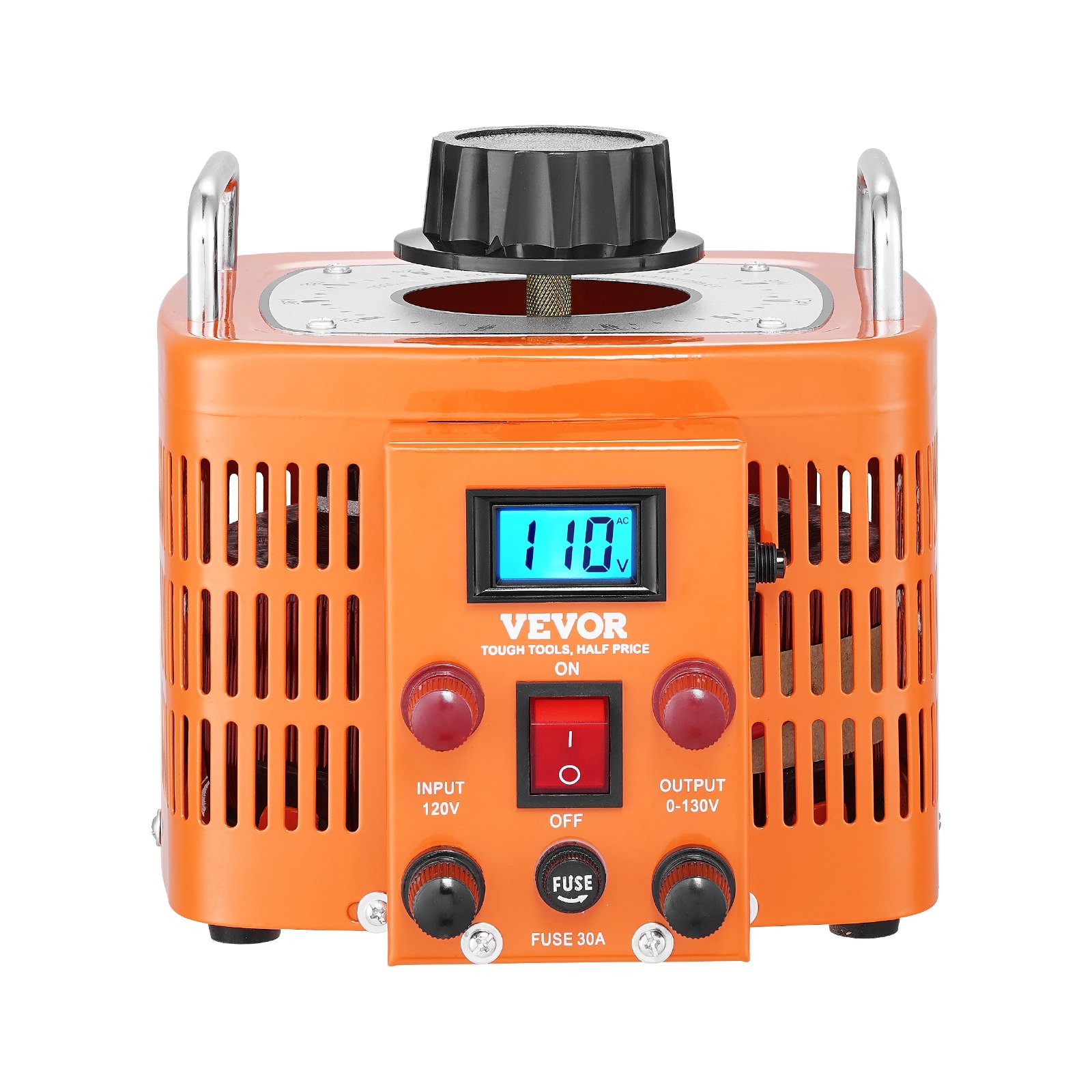 Transformador de voltaje VEVOR naranja con pantalla digital y perillas de control, entrada 120v, salida 0-130v.