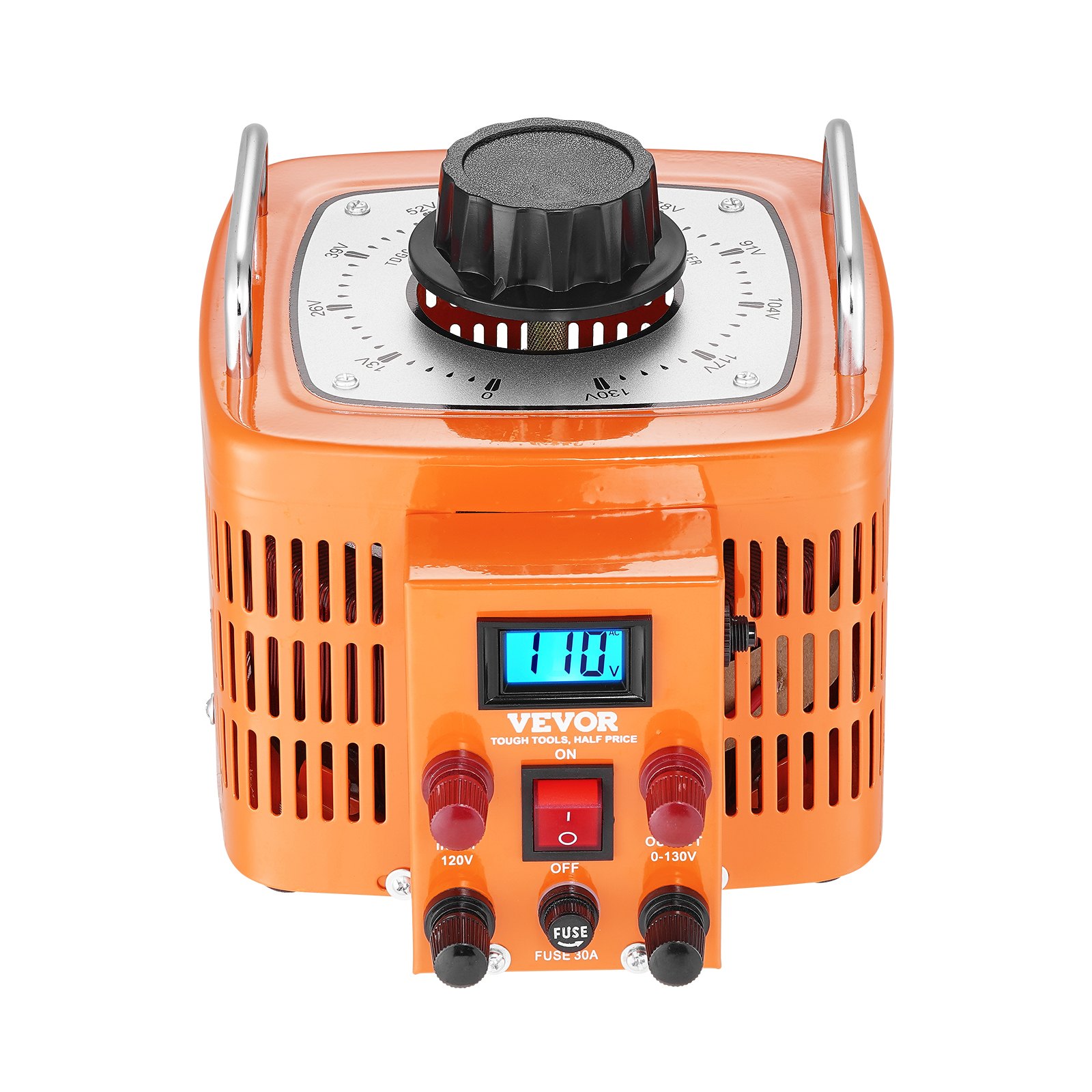 Transformador de voltaje VEVOR naranja con pantalla digital y perillas de ajuste configuradas a 110v.