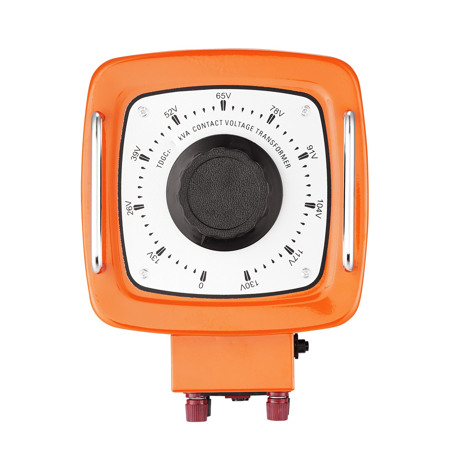 Transformador de voltaje VEVOR naranja con dial negro, que muestra varias configuraciones de voltaje en voltios (v).
