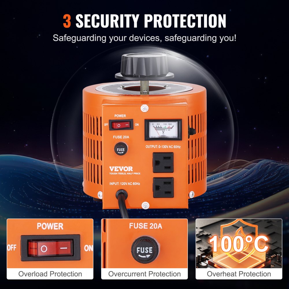 Transformador de voltaje VEVOR naranja que presenta características de protección contra sobrecarga, sobrecorriente y sobrecalentamiento.