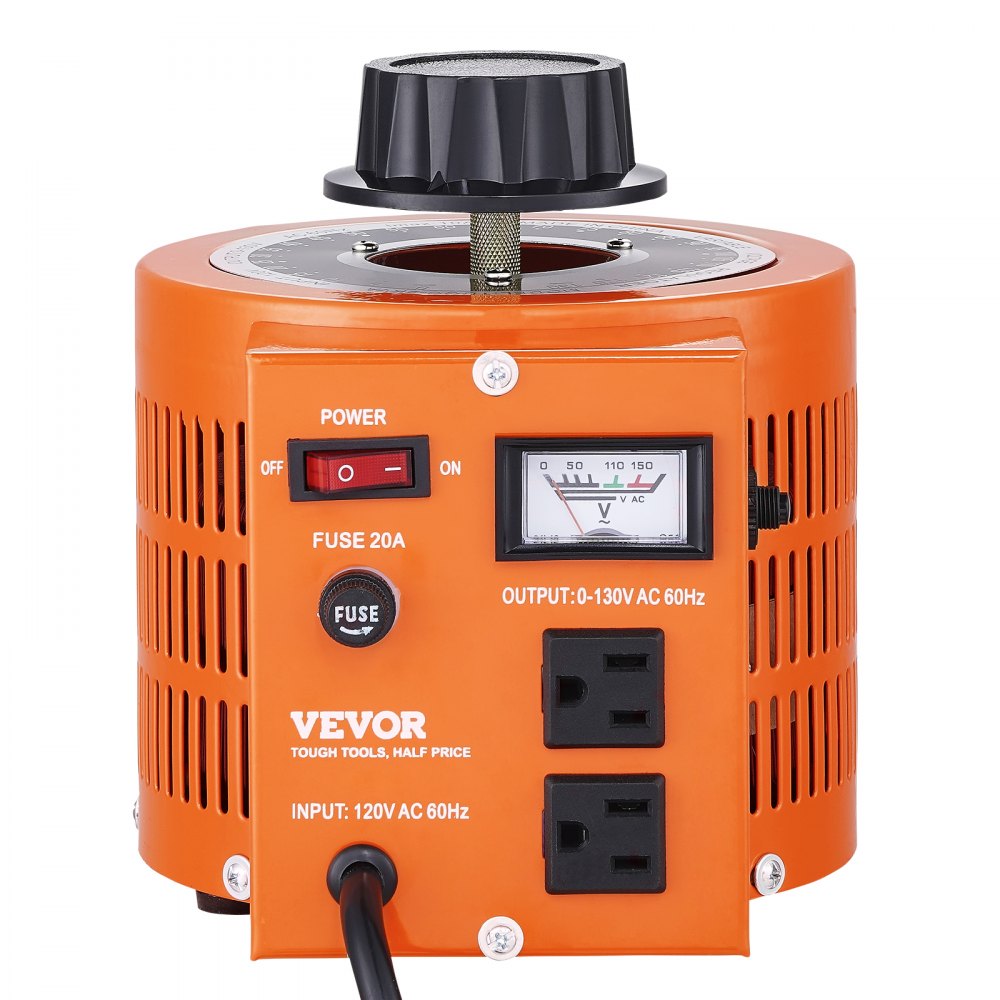 Transformador de voltaje VEVOR, naranja, con medidor analógico, interruptor de encendido y salidas de CA duales.
