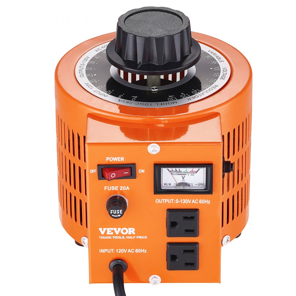 Transformador de voltaje VEVOR naranja con interruptor de encendido, fusible, voltímetro y salidas duales de 120 V.