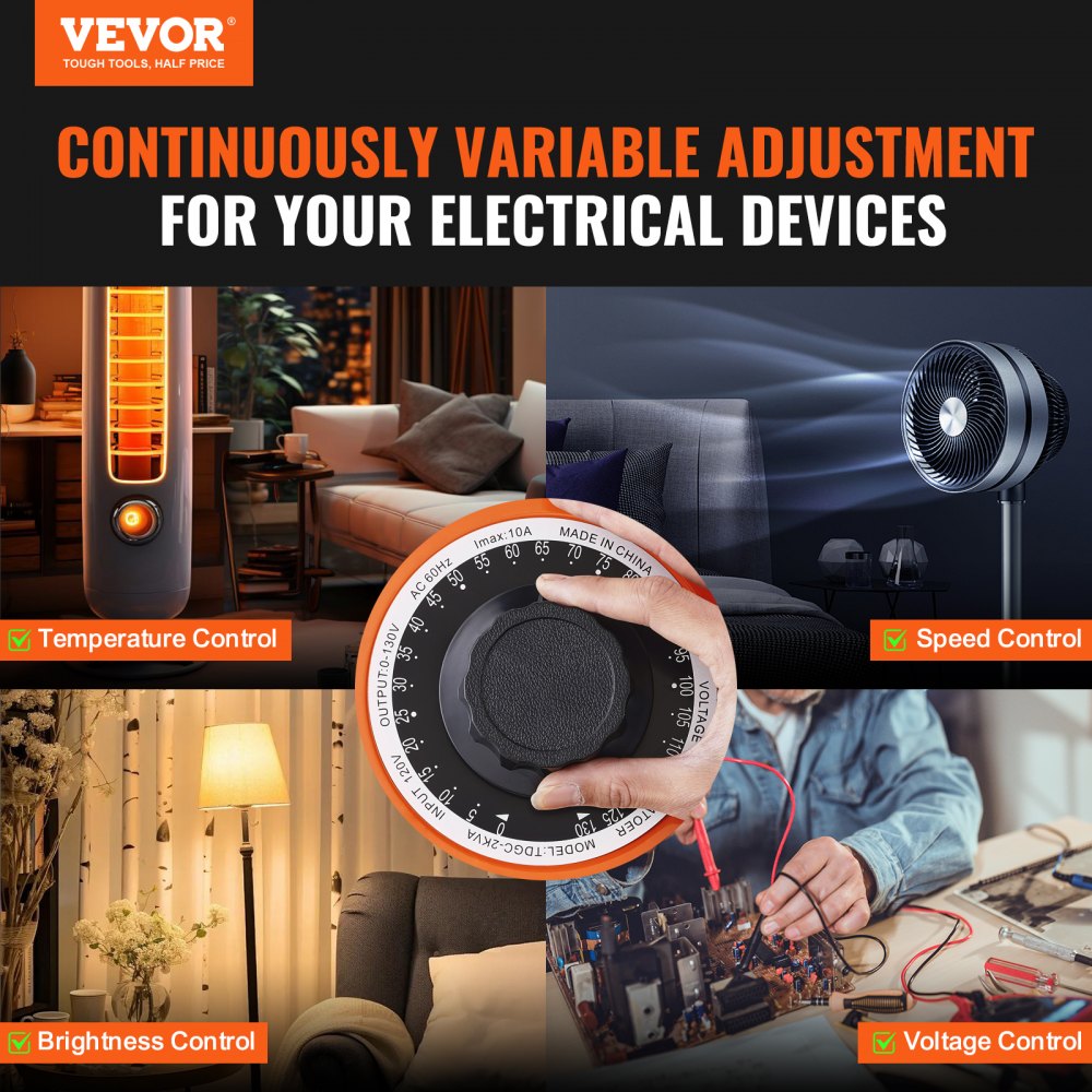 Transformador de voltaje variable automático VEVOR de 2000 VA, 15,3 A, entrada de 110 V, salida de 0-130 V, fuente de alimentación con regulador de voltaje de CA, con 4 fusibles adicionales e interruptor de control térmico para el hogar, la industria y la oficina.