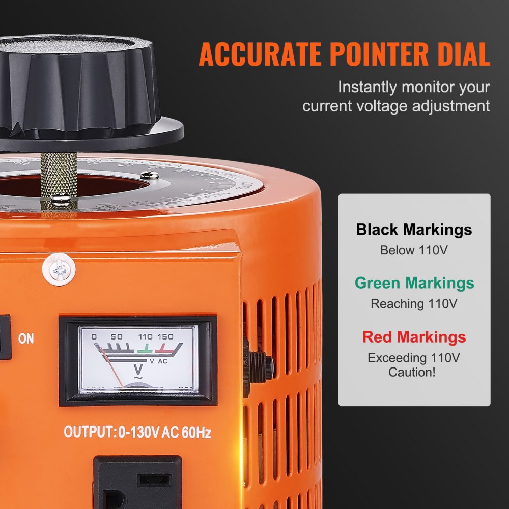 Transformador de voltaje variable automático VEVOR de 2000 VA, 15,3 A, entrada de 110 V, salida de 0-130 V, fuente de alimentación con regulador de voltaje de CA, con 4 fusibles adicionales e interruptor de control térmico para el hogar, la industria y la oficina.